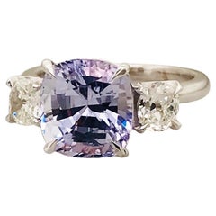 5.32ct Violet Sapphire and Old Mine Cut Diamond Trilogy Ring with Pink Diamond
