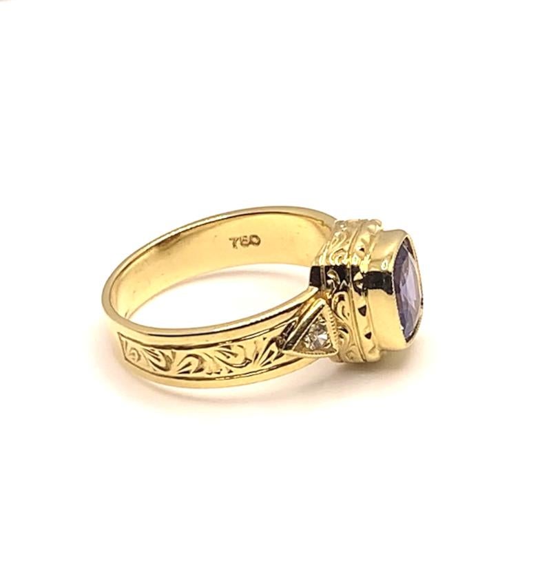 Artisan Violet Sapphire & Diamond, Yellow Gold Bezel Set Hand Engraved Band Ring