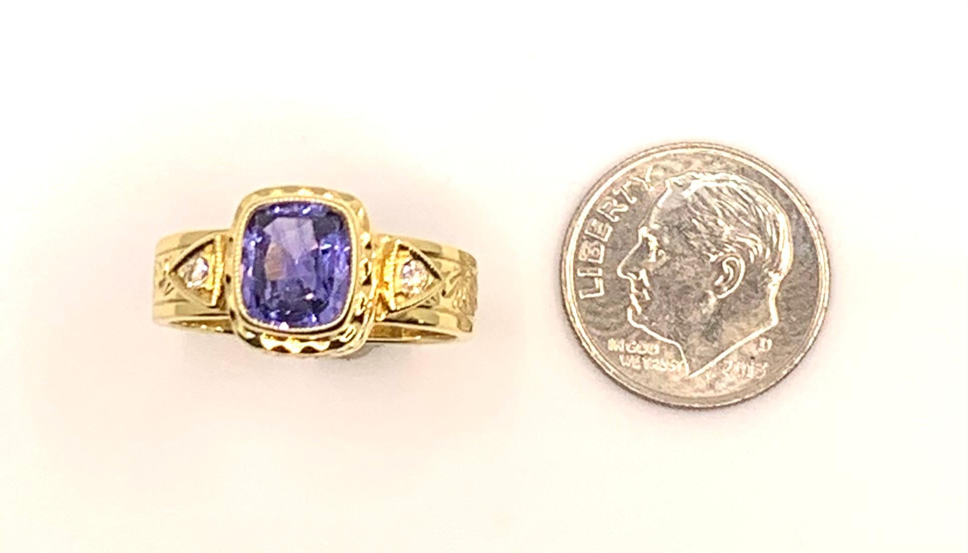 Violet Sapphire & Diamond, Yellow Gold Bezel Set Hand Engraved Band Ring 1