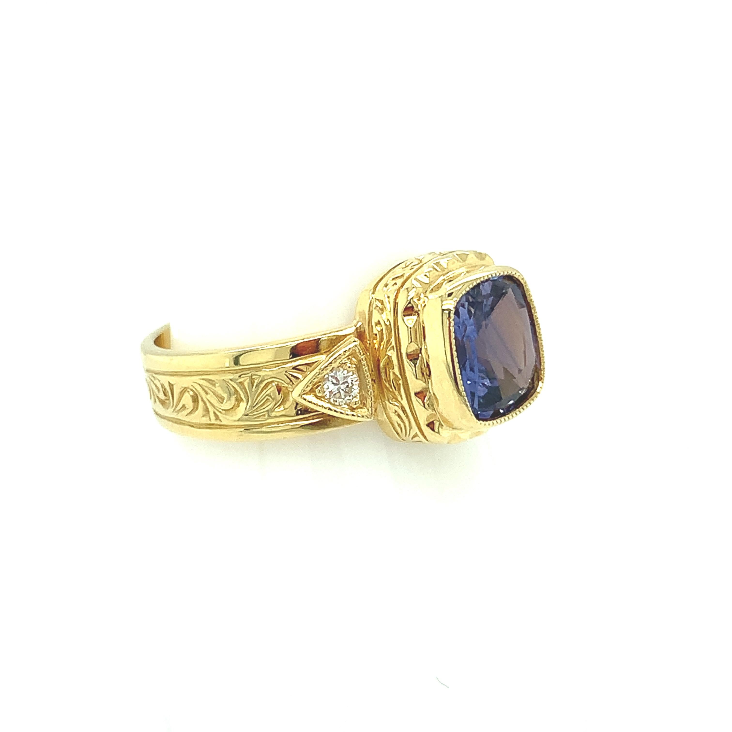 Cushion Cut Violet Sapphire & Diamond, Yellow Gold Bezel Set Hand Engraved Band Ring