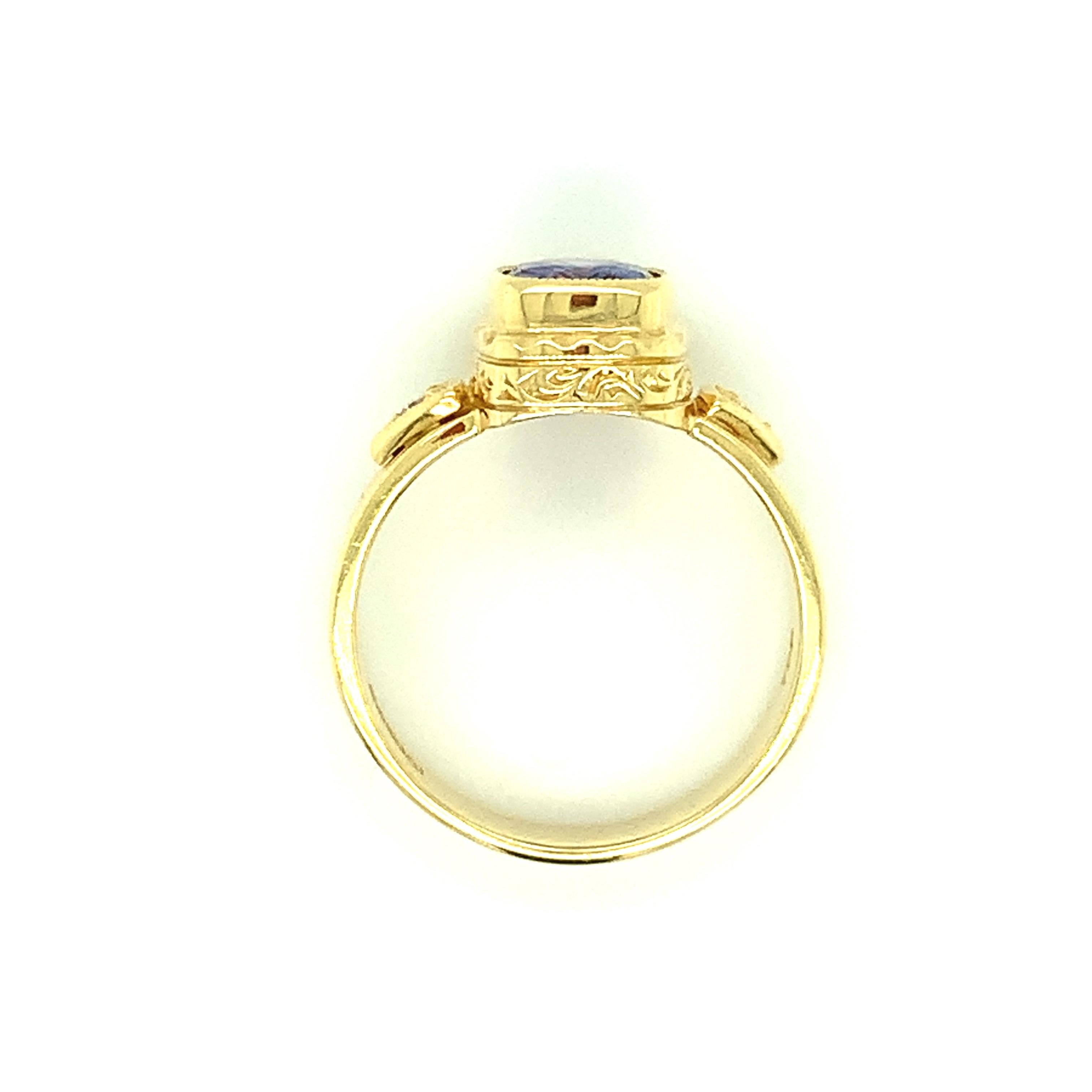 Women's Violet Sapphire & Diamond, Yellow Gold Bezel Set Hand Engraved Band Ring