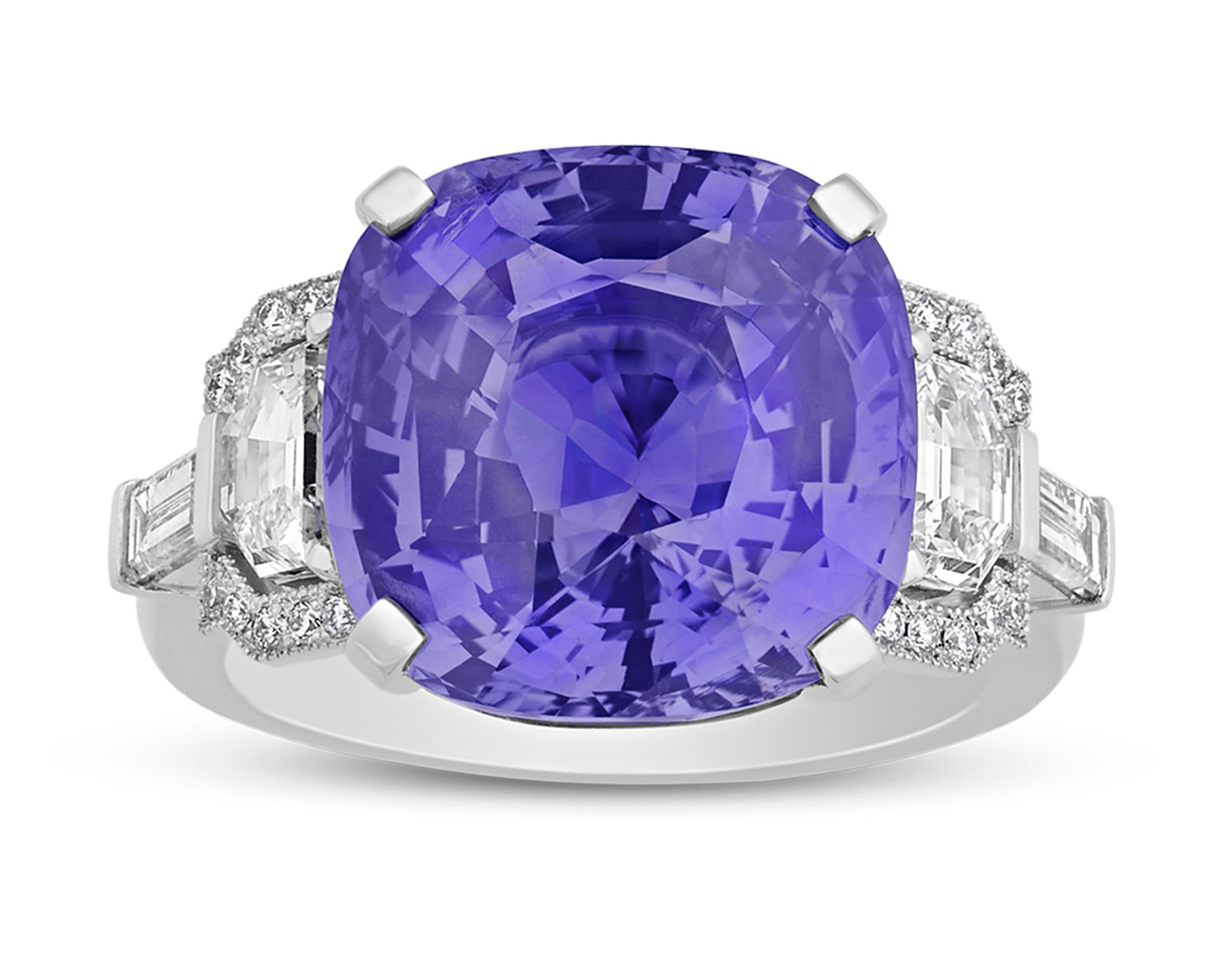 This breathtaking ring by the legendary Raymond Yard features an 11.02-carat violet sapphire at its center. Violet is one of the rarest sapphire colors, and the rich royal hue and impressive size of this stone make it even more remarkable. Flanked