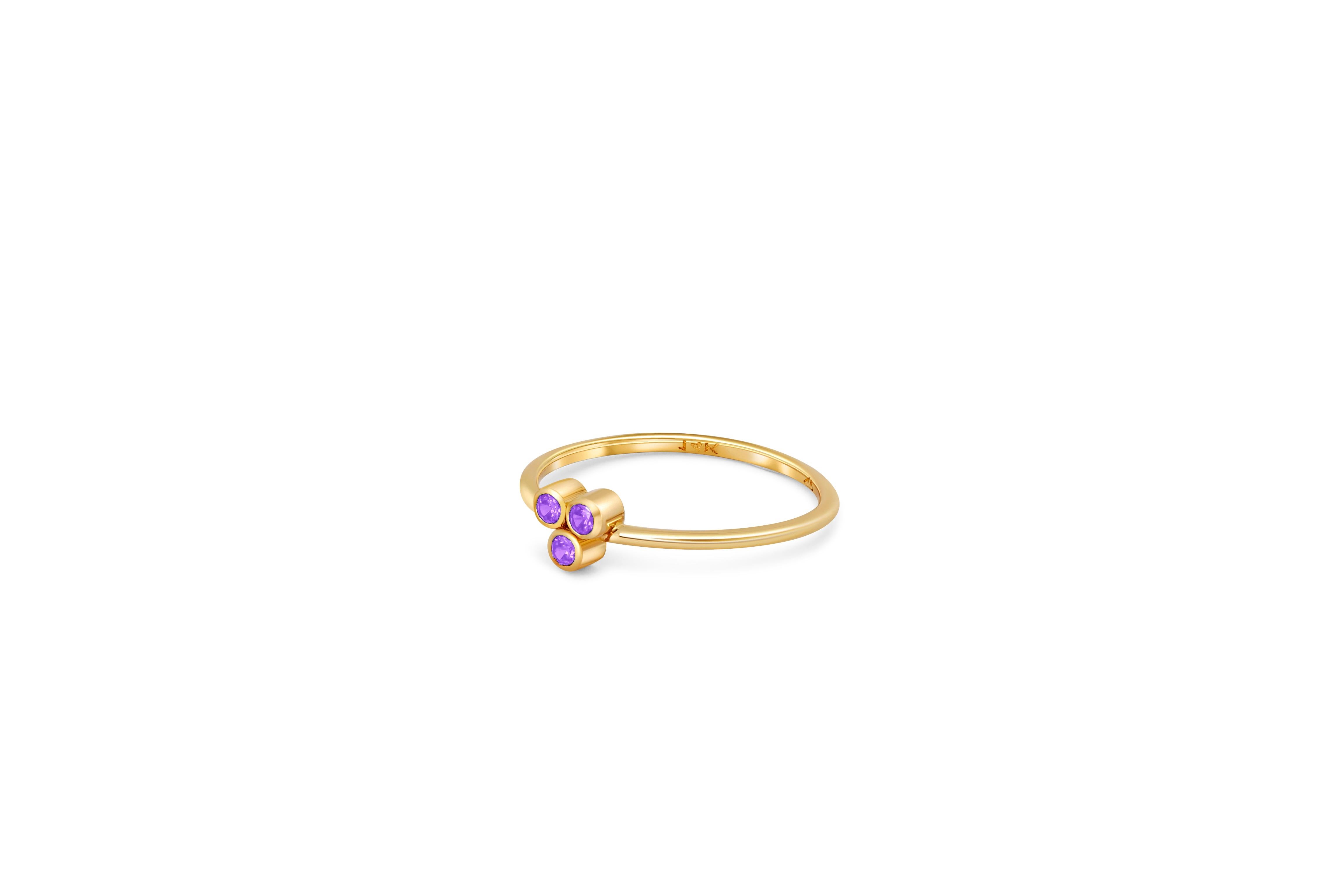 For Sale:  Violet Three Stone 14k gold ring.  2