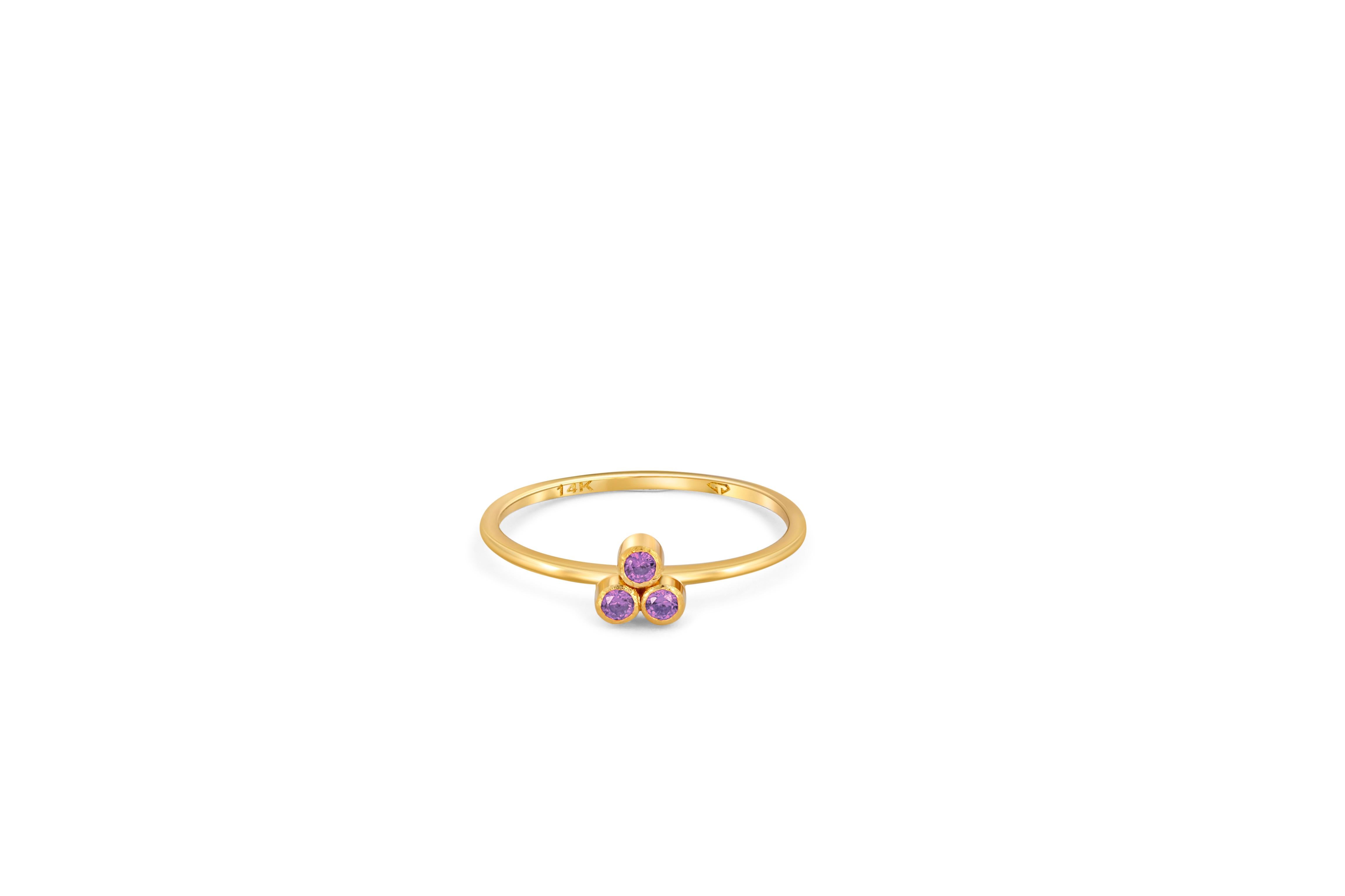 For Sale:  Violet Three Stone 14k gold ring.  4