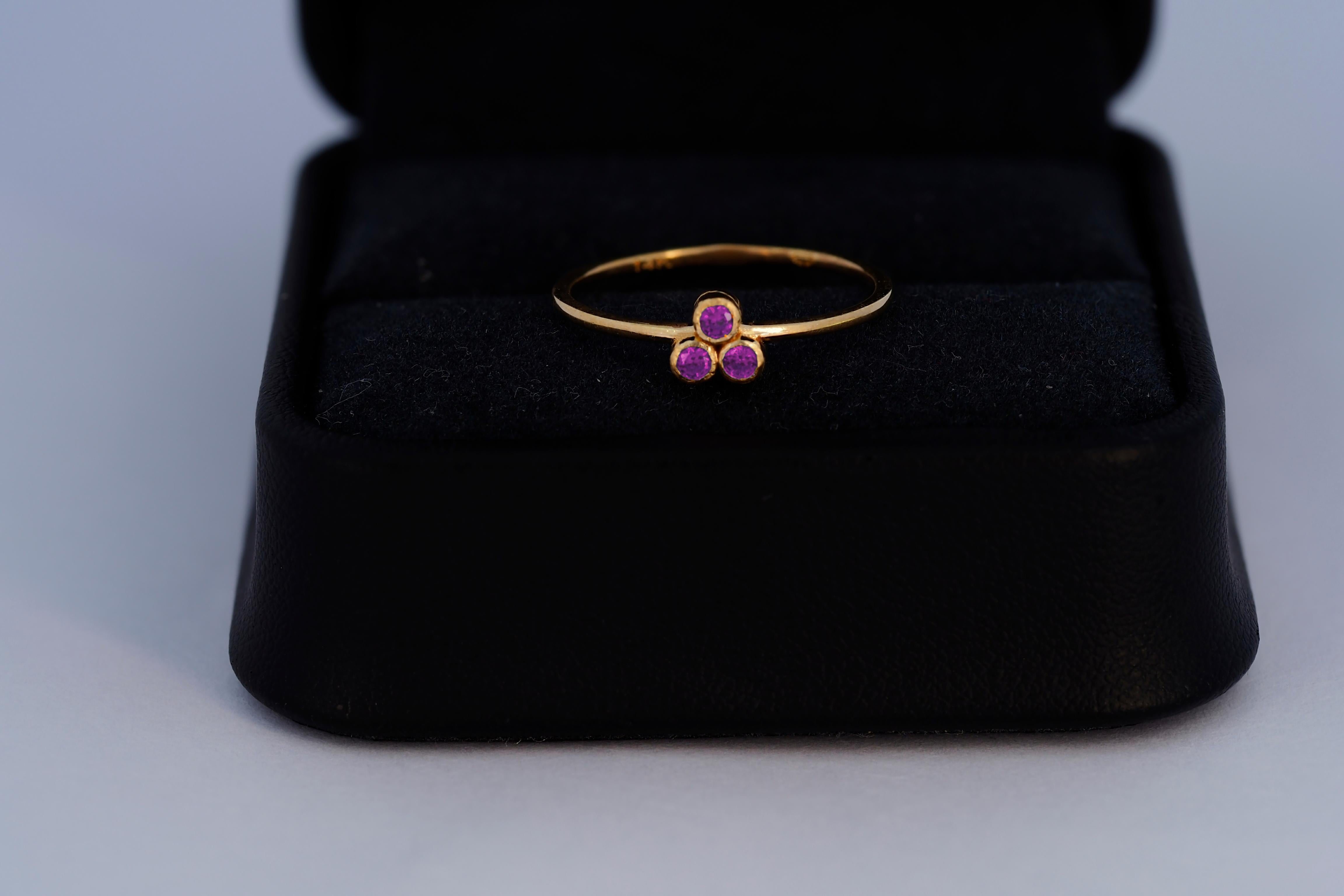 For Sale:  Violet Three Stone 14k gold ring.  5