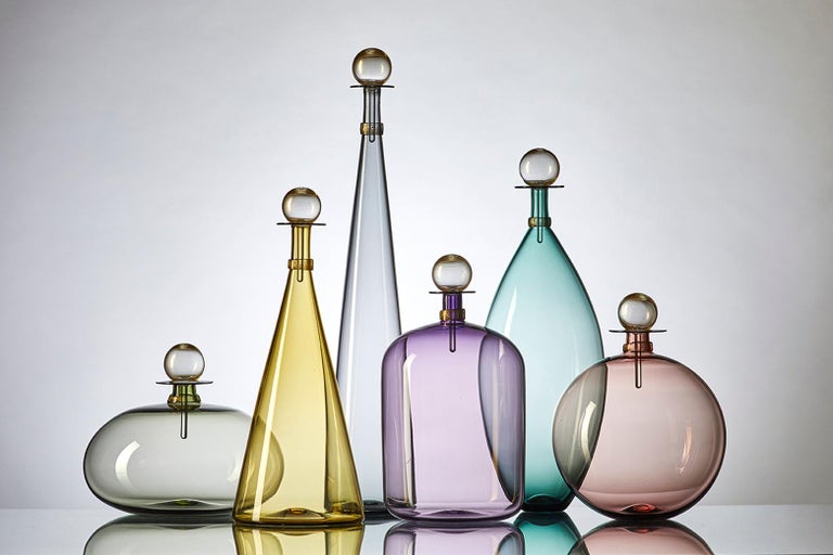 Violet Tinted Hand Blown Glass Vase with Gold Details, Handcrafted by