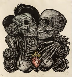 "Ay, Ay, Ay", Skeleton Motif, Floral Imagery, Linocut Print 