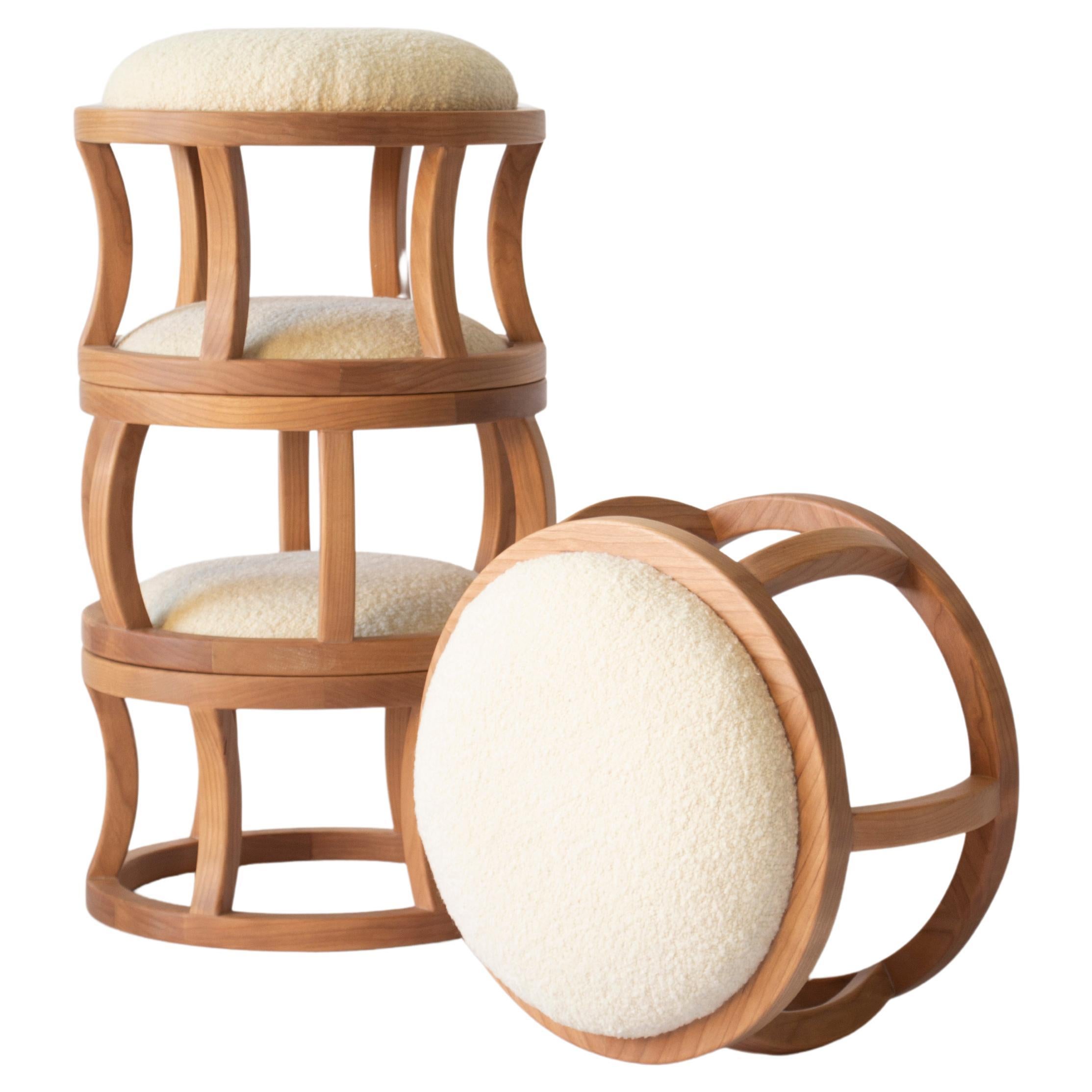 The Violette low stacking stools are the perfect compliment to any living room. With a seat height at 10 inches, they are designed with a low coffee table height in mind, and form a beautiful sculptural tower when not in use. They can also be used