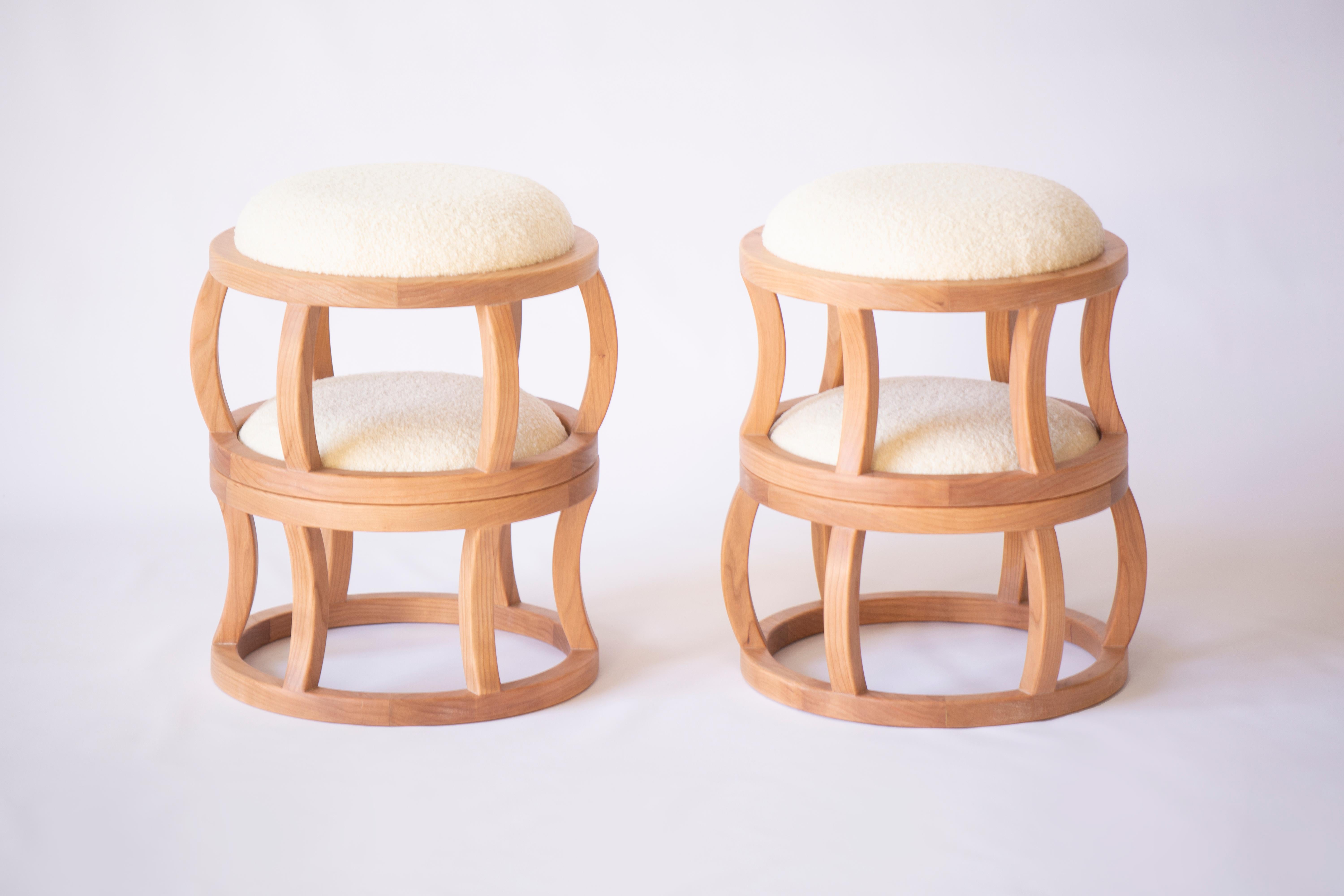 Violette low stacking stools - Set of 4 in cherry and cream boucle by KLN studio In New Condition For Sale In Brooklyn, NY