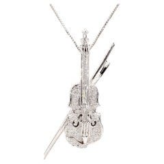Violin Brooch Pin 18K White Gold 1.50 Ct Total NATURAL DIAMONDS Antique Handmade