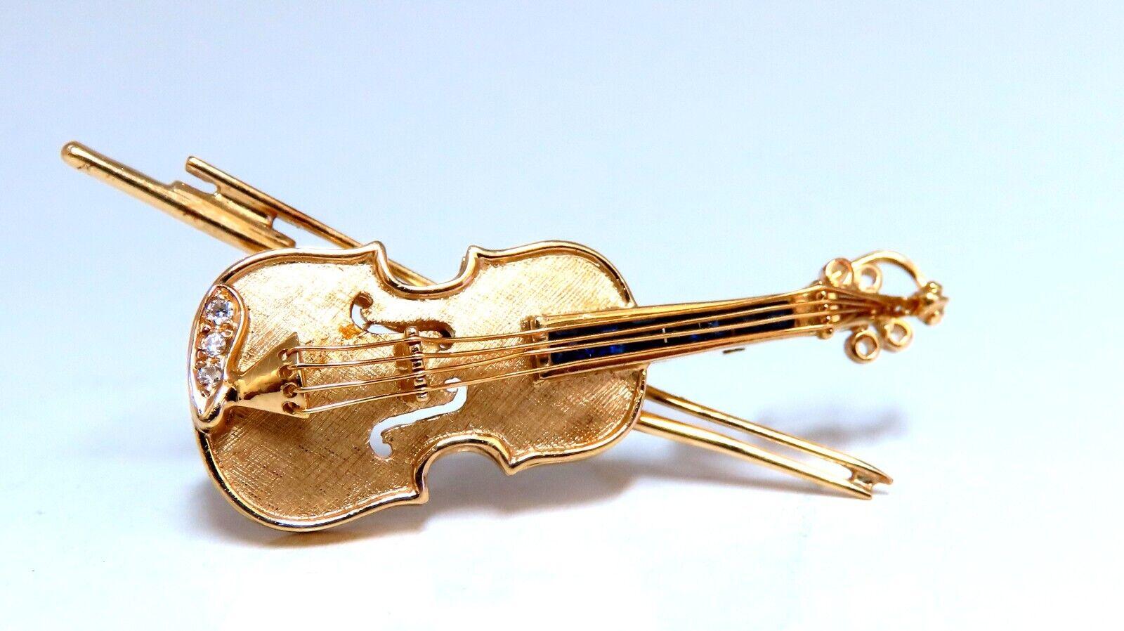 Round Cut Violin Cello Viola Diamond Sapphire Pendant Pin 14kt Gold Handmade For Sale
