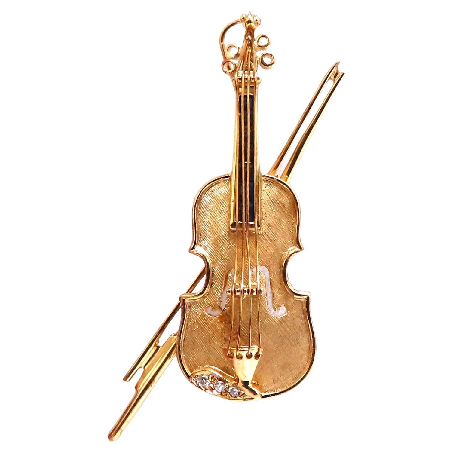 Violin Cello Viola Diamond Sapphire Pendant Pin 14kt Gold Handmade For Sale