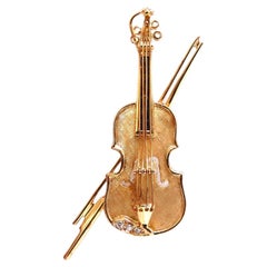 Violin Cello Viola Diamond Sapphire Pendant Pin 14kt Gold Handmade*