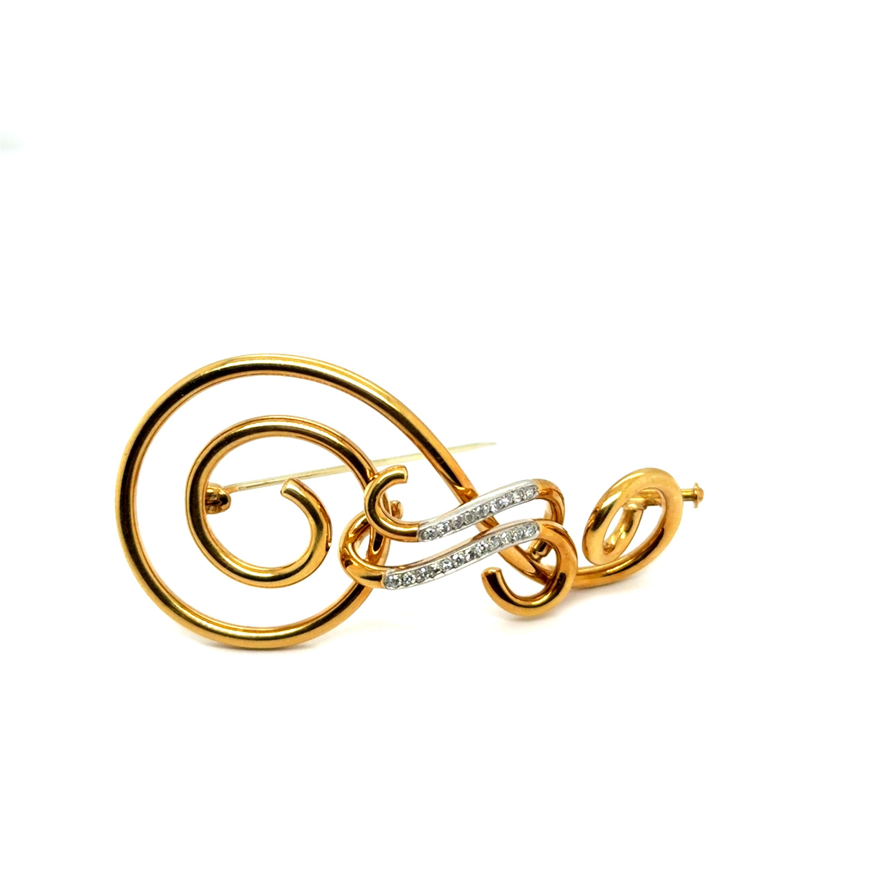 The Violin Clef brooch by Meister is expertly crafted in 18 Karat Yellow Gold, designed to evoke the elegant curves of a treble clef.

Adorned with 21 brilliant-cut diamonds totaling 0.12 carats, it shines with subtle sophistication. The design,