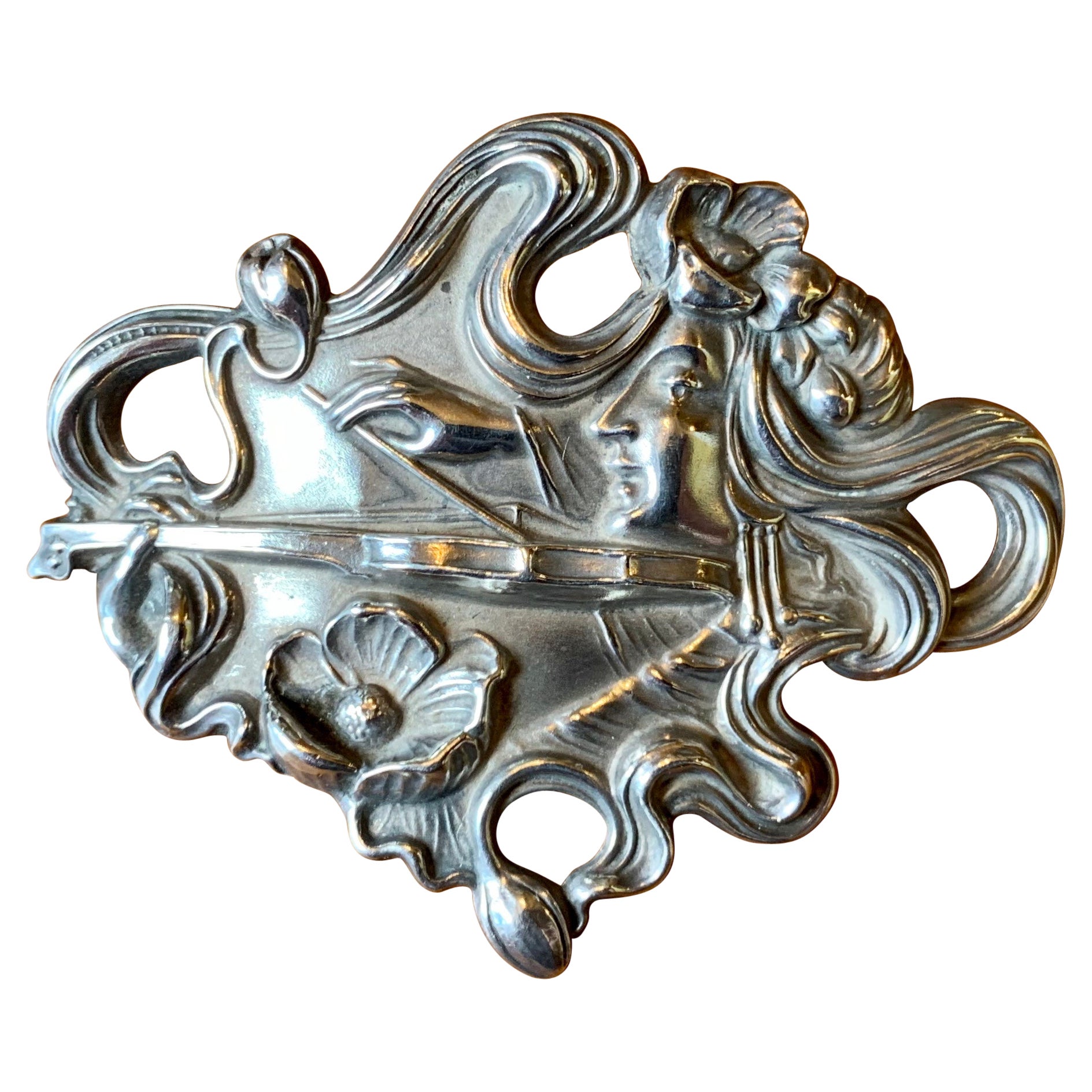Violín Violinista Música Broche Art Nouveau Doncella Mujer Amapola Flor Músico
