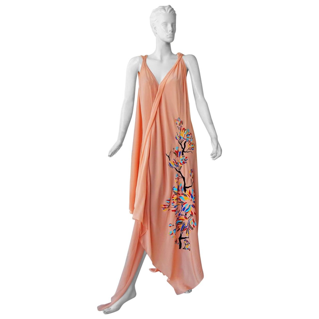 Vionnet "Dahlia" Flowing Silk Chiffon Embroidered Runway Caftan Dress Gown For Sale