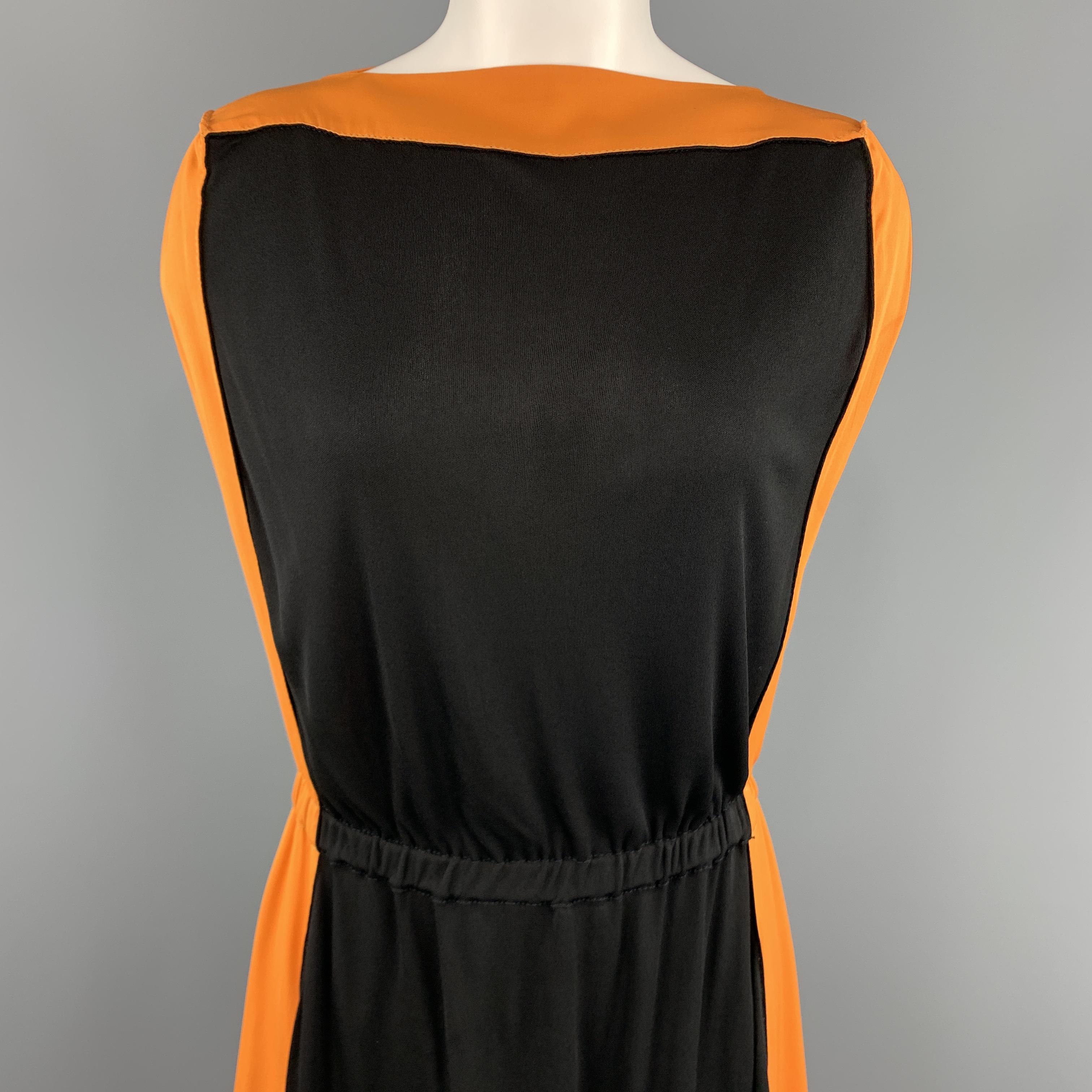 VIONNET shift dress comes in black and golden orange viscose jersey with a boat neckline, squared shoulder with sleeveless slit arm, A line silhouette, and elastic gathered waistband. Made in Italy.

Very Good Pre-Owned Condition.
Marked: IT