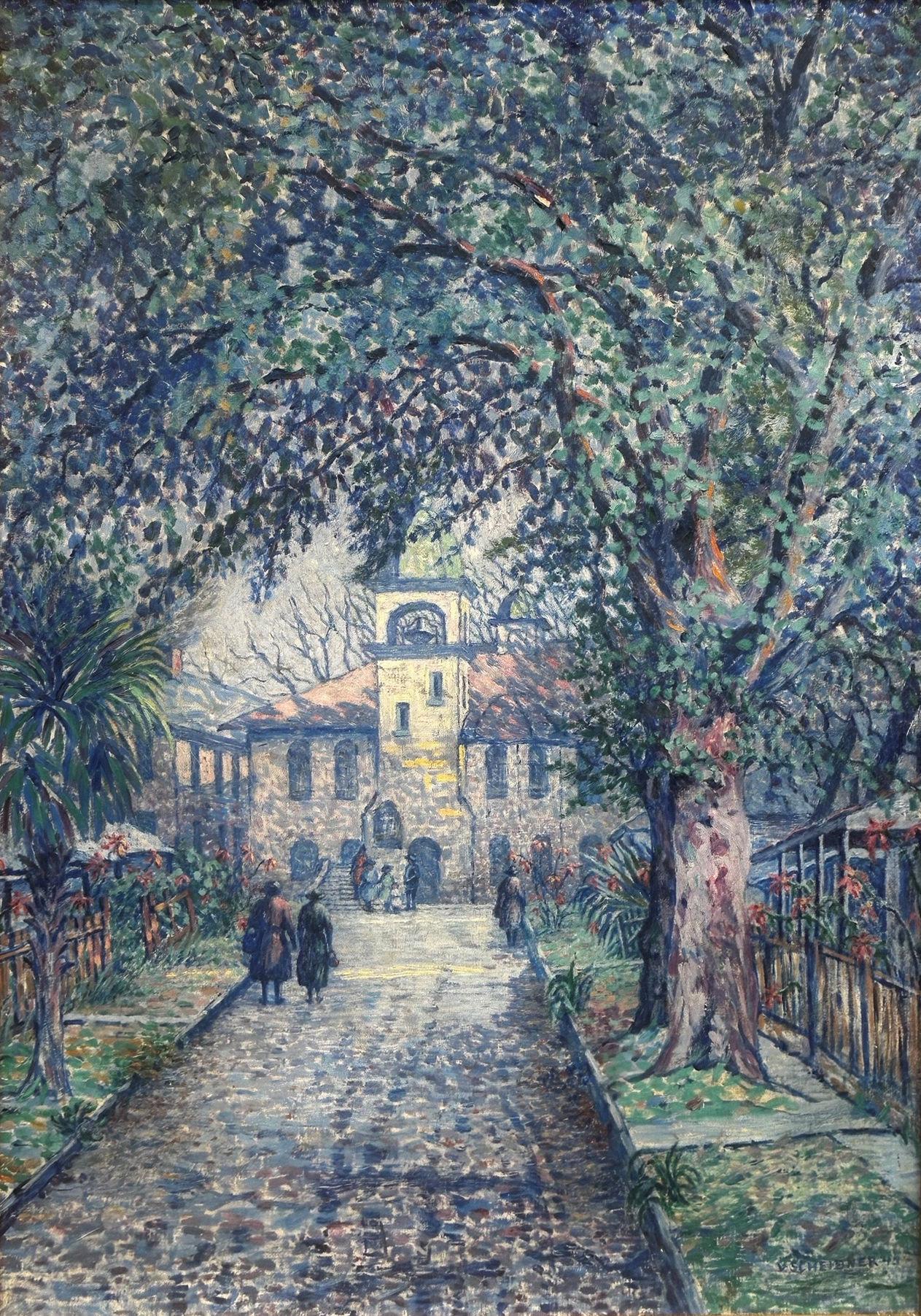 Vira McIlrath Scheibner
First Baptist Church's de St. Augustine, 1943
Signé et daté en bas à gauche
Huile sur toile
38 1/2 x 27 1/2 pouces

Provenance
Collectional, Massachusetts
Succession de la personne susmentionnée, 2025


Originaire de New