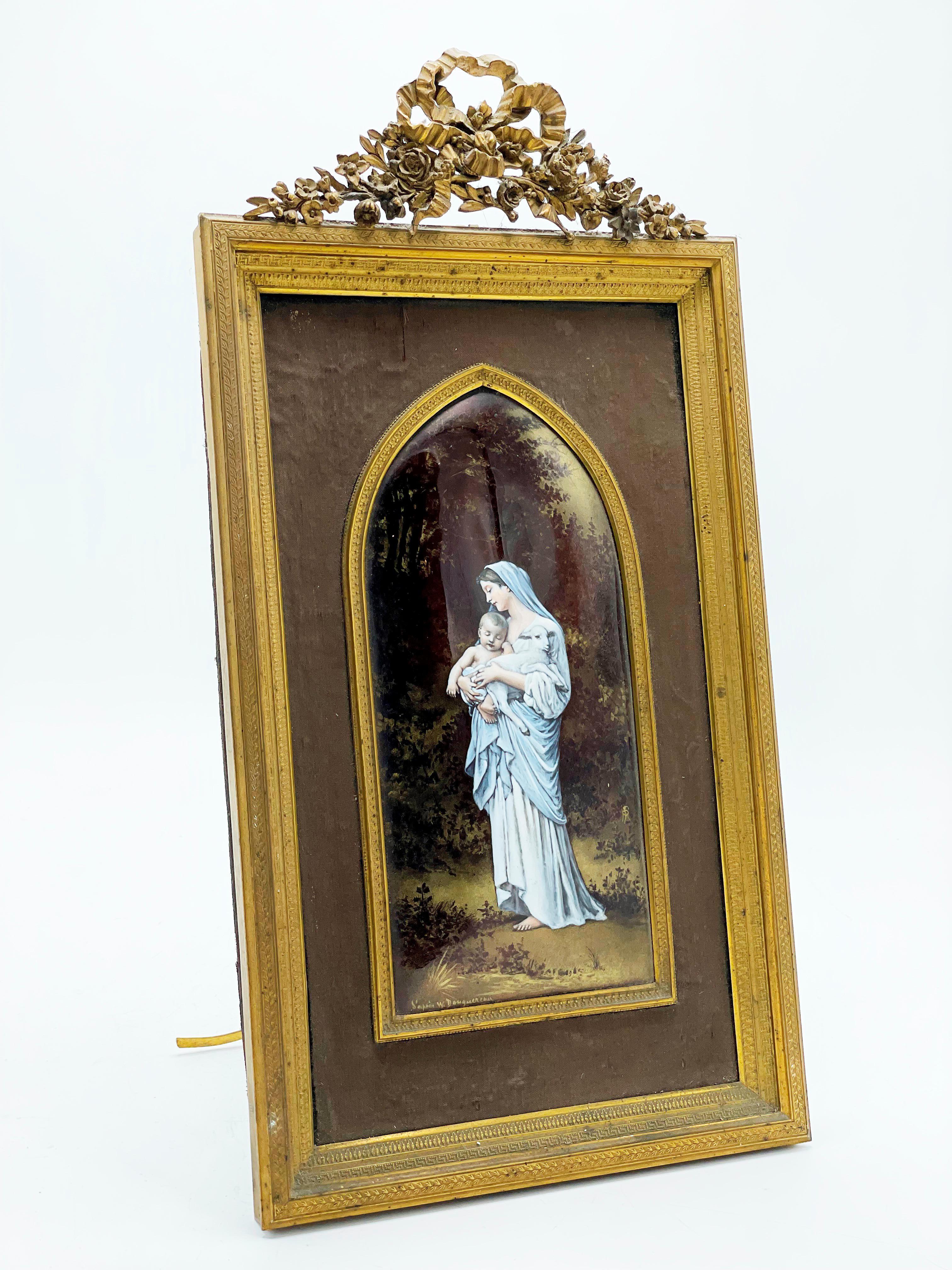 Virgen of the Lamb, French Limoges Enamel Portrait Plaque 1910s

