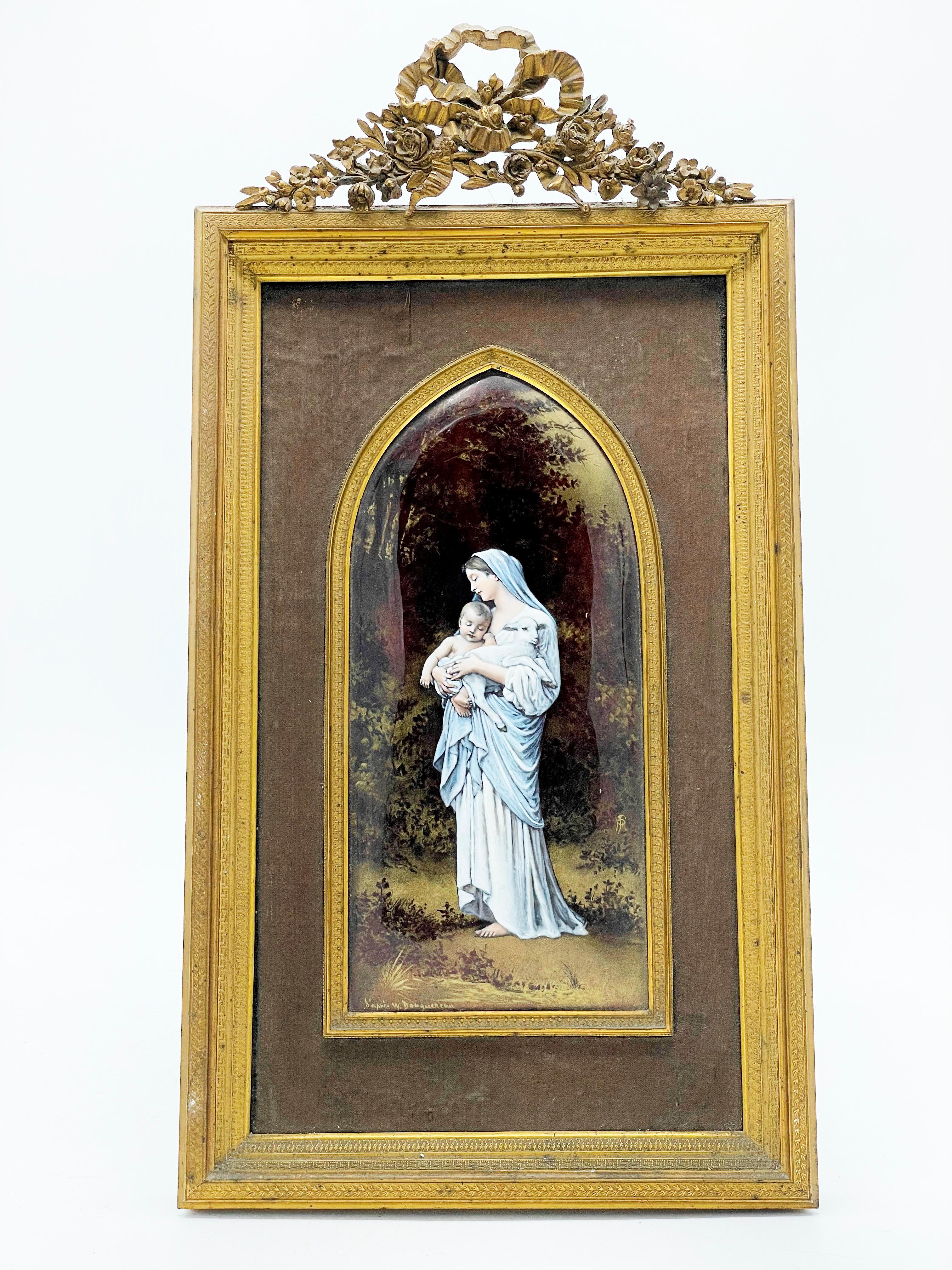 Bronze Virgen of the Lamb, French Limoges Enamel Portrait Plaque 1910s For Sale