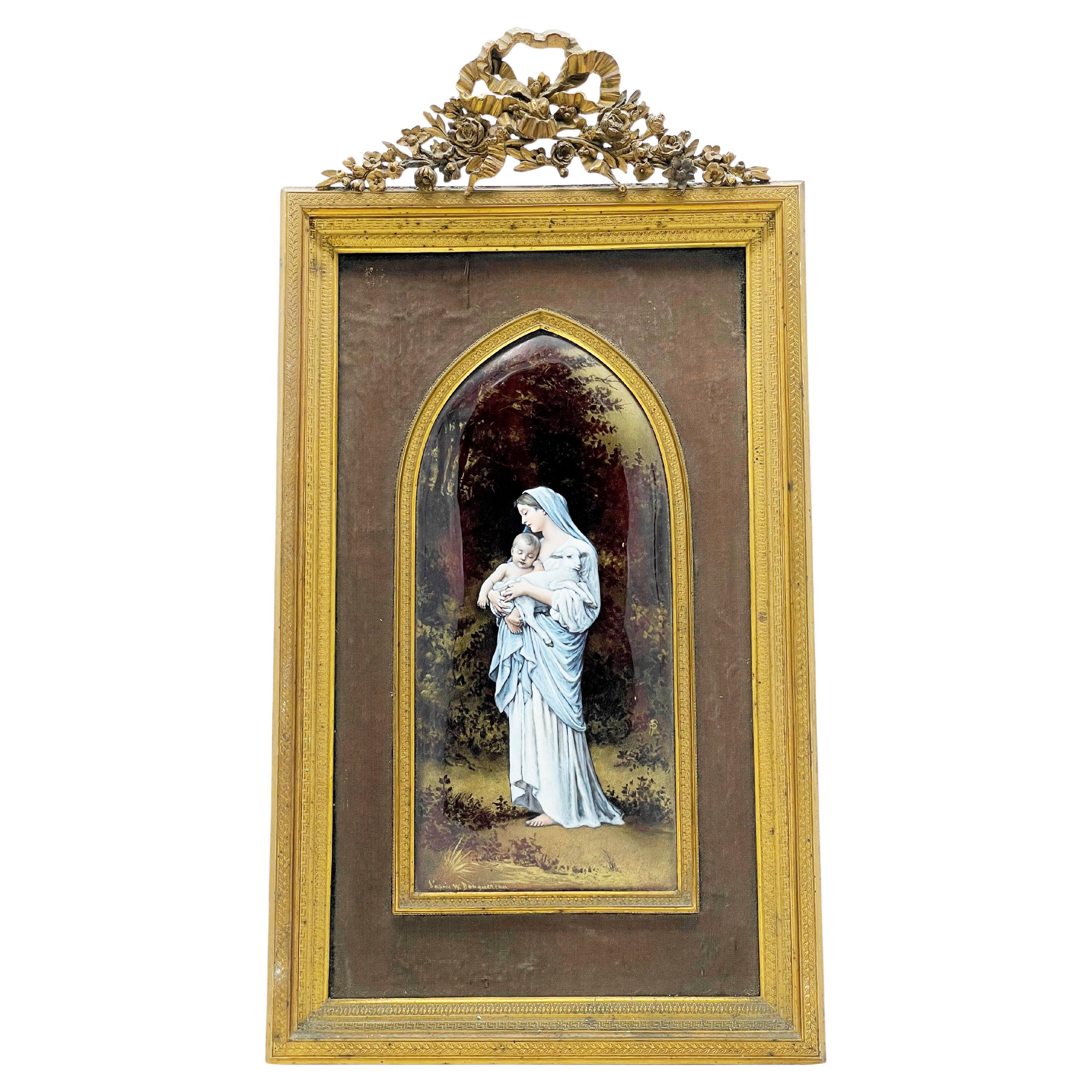 Virgen del Cordero, Placa Retrato Esmaltada Limoges Francesa Década de 1910 en venta