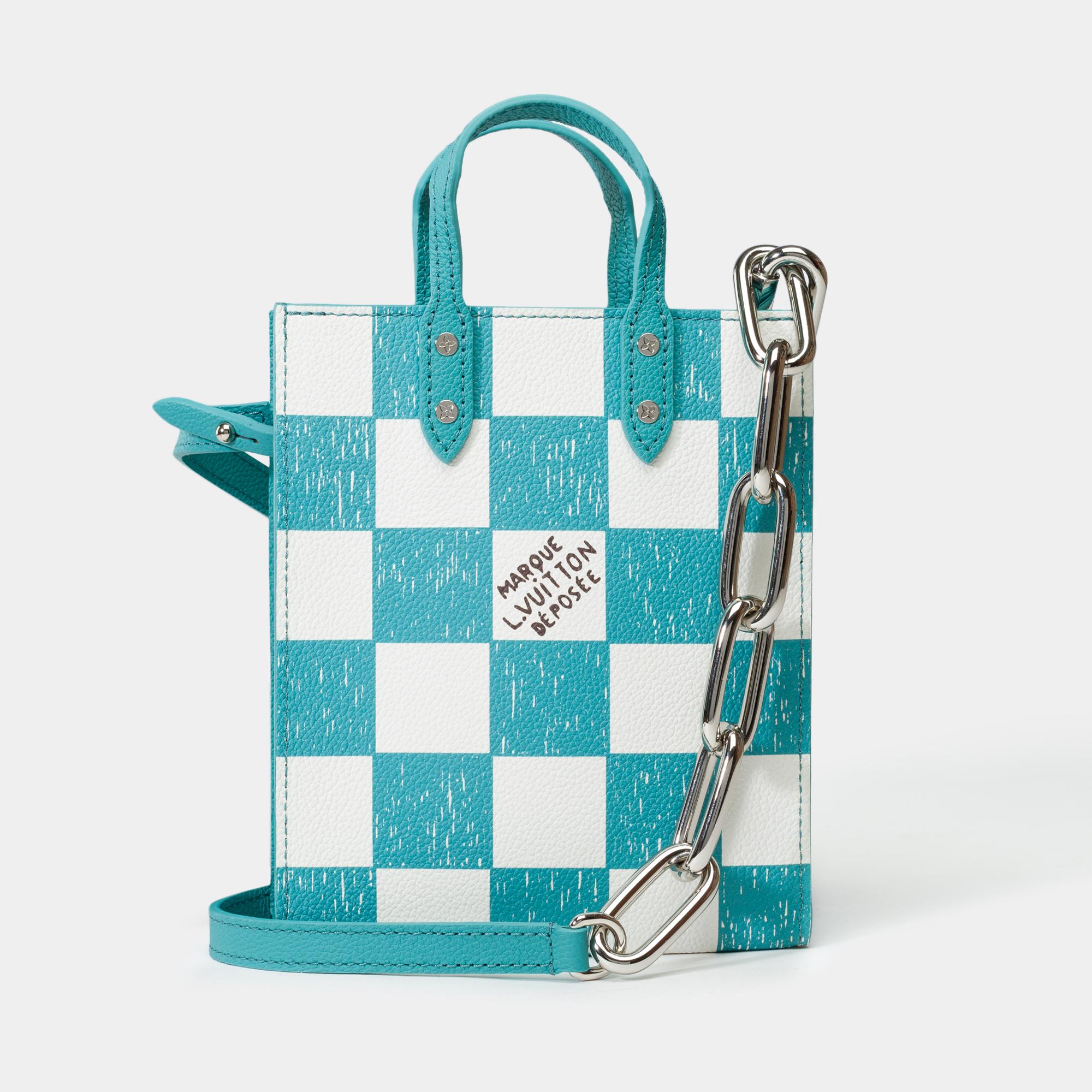 Blue Virgil Abloh Louis Vuitton Sac Plat XS Damier Checkerboard handbag Green/White For Sale