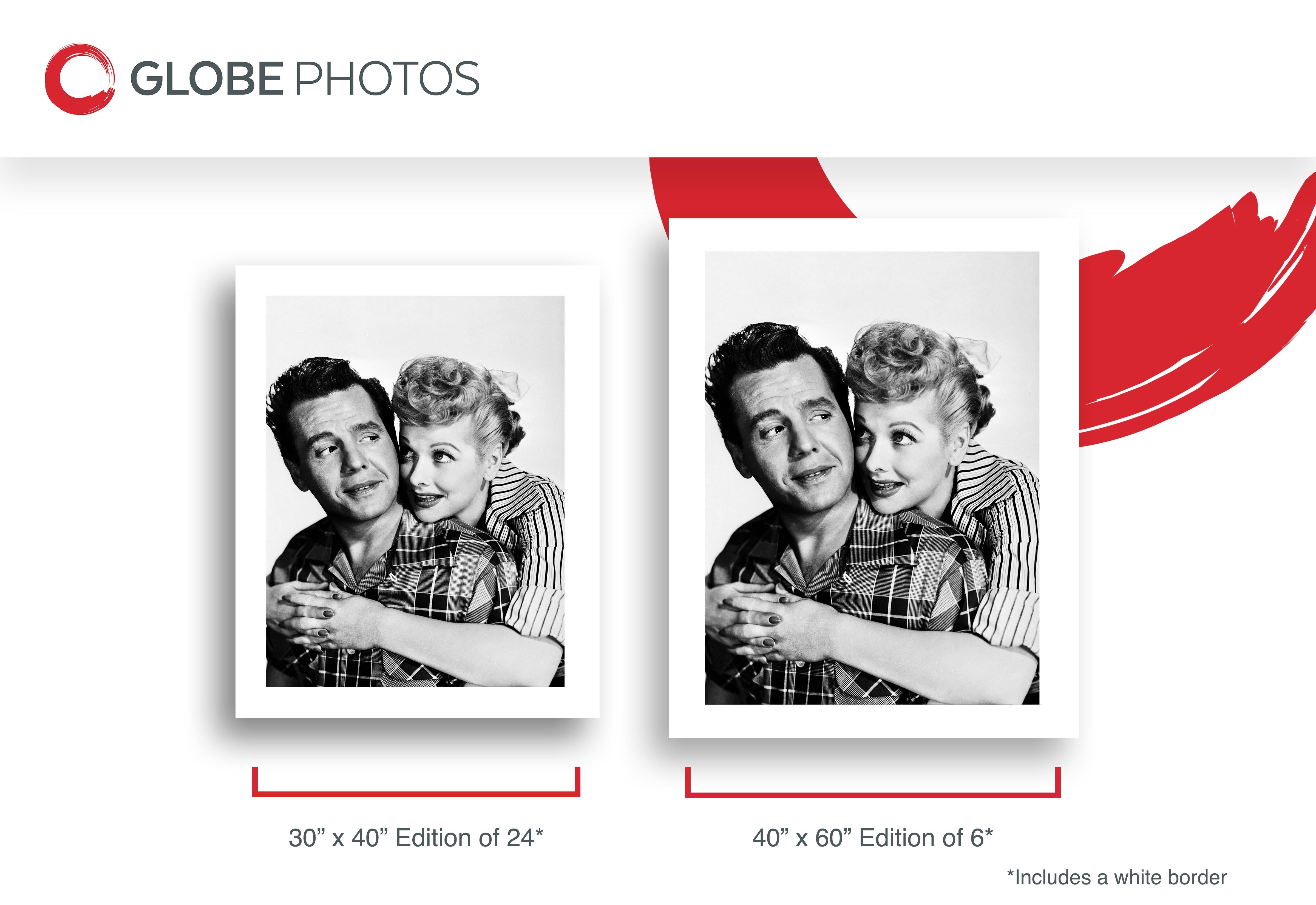 This unique capture features Lucille Ball hugging Desi Arnaz in a captivating studio portrait. 
 
Lucille Ball was an American actress, comedian, model, entertainment studio executive, and producer. She was the star of the self-produced sitcoms I