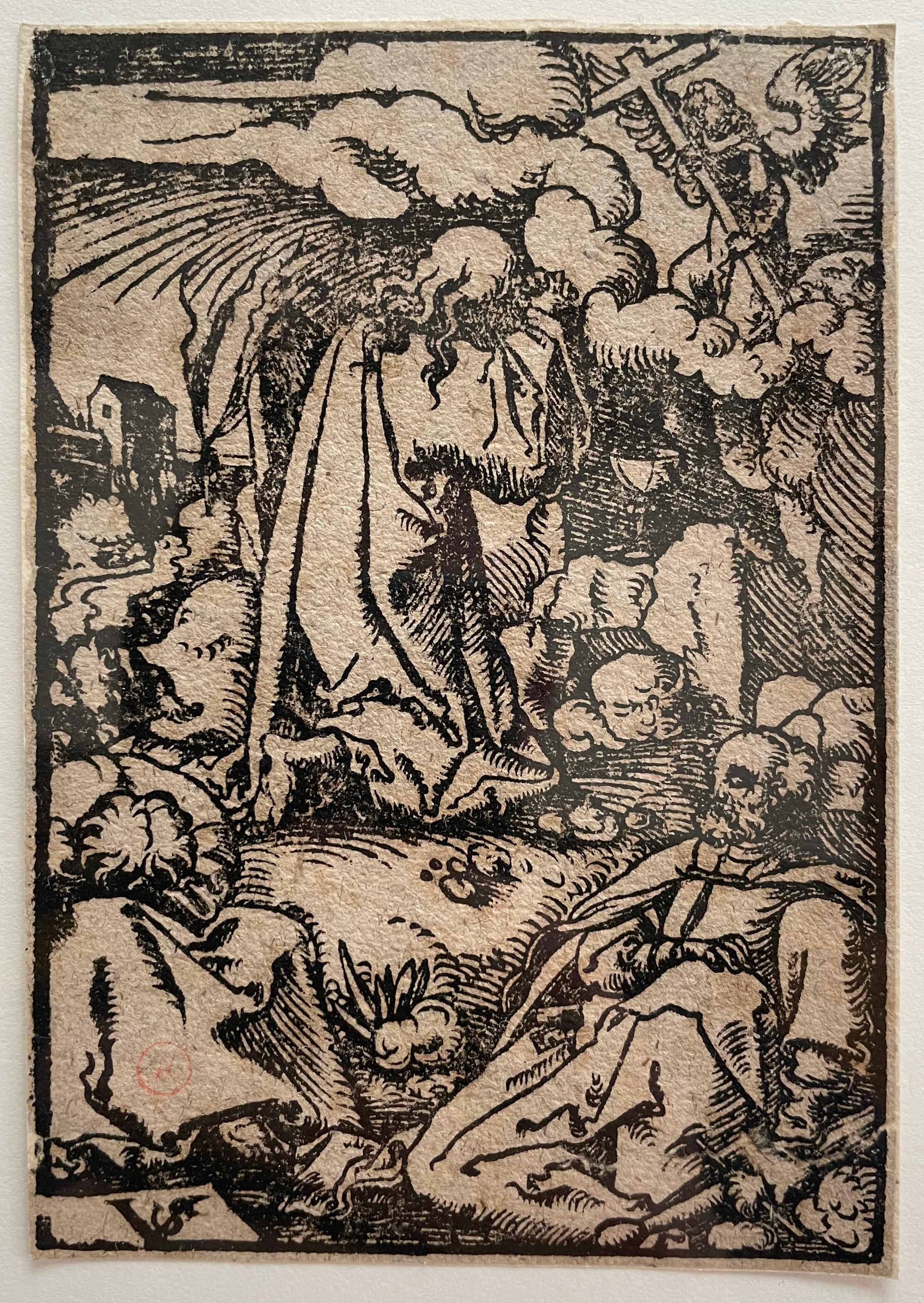 16th century woodcut biblical print figurative cross angel clouds ink small - Print by Virgil Solis