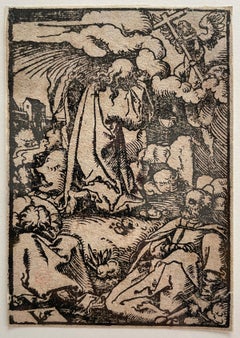 16th century woodcut biblical print figurative cross angel clouds ink small