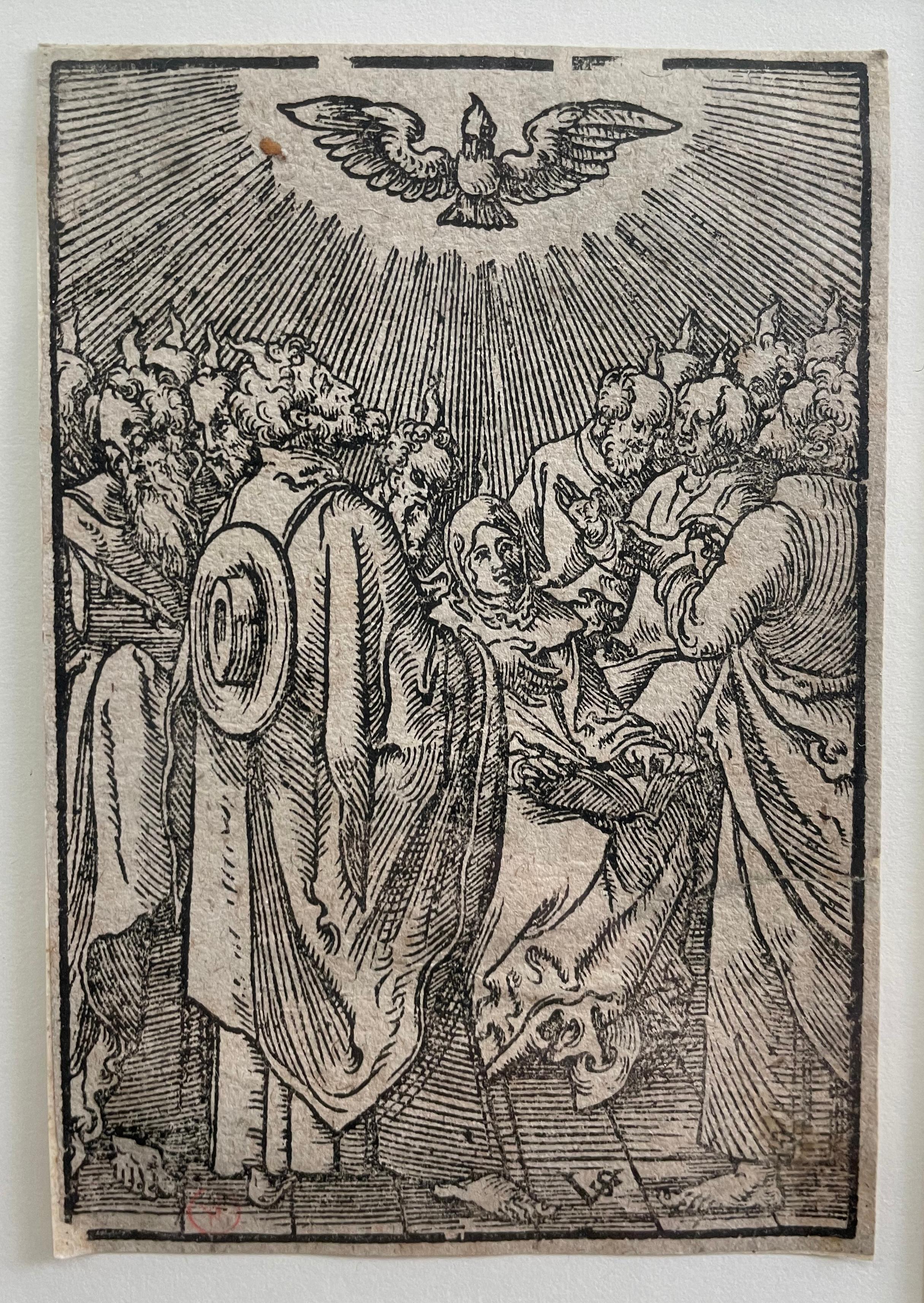 This woodcut print, depicting the 'Descent of the Holy Spirit (Pentecost),' is a rare image coming from a small passional. Passionals were a popular kind of devotional text for the layperson of the 16th century describing the suffering of saints and