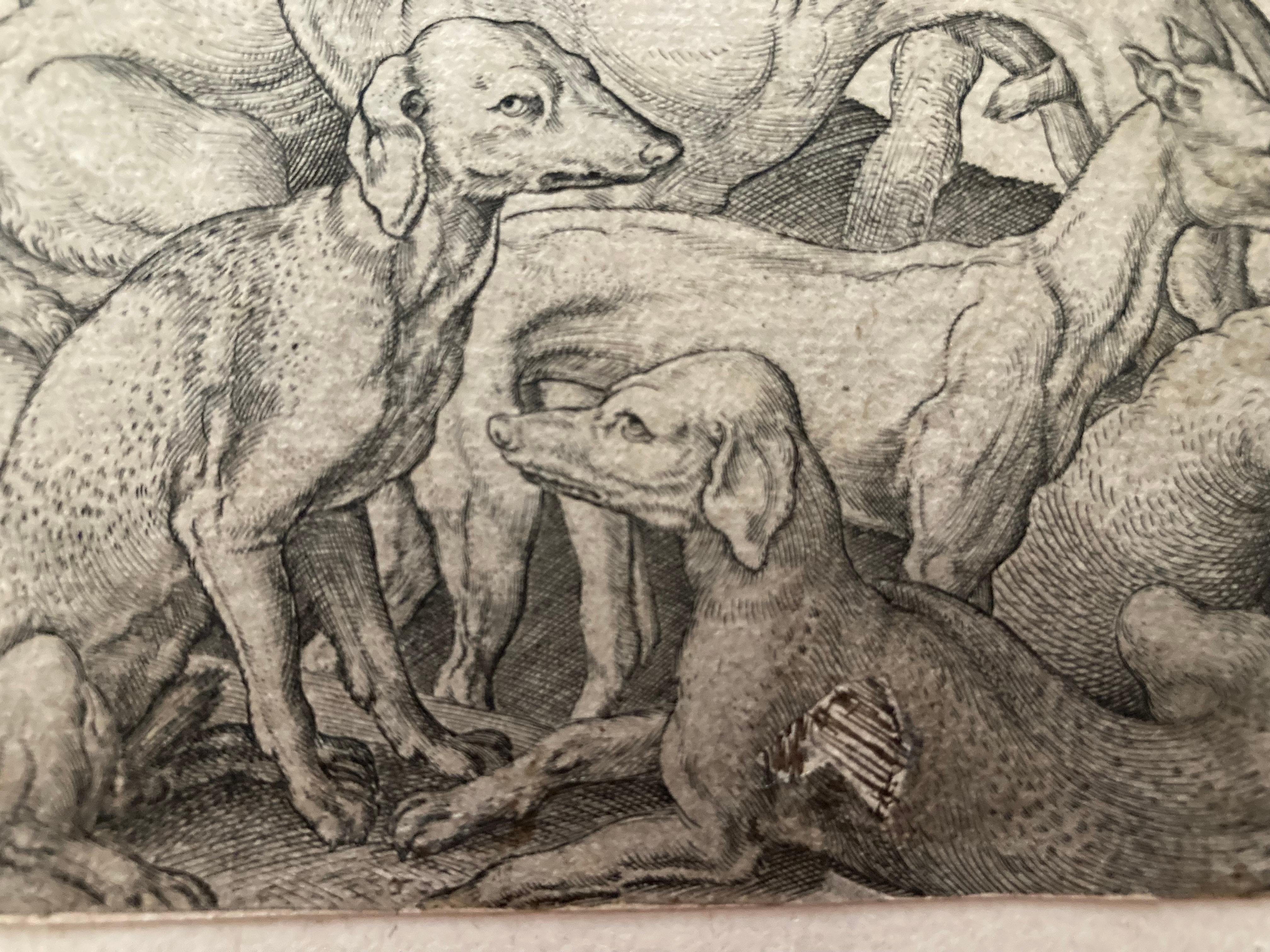 Engraving by the artist Virgil Solis, Six dogs; standing, reclining and seated among trees.
Engraving, made by Virgil Solis. 
German, c. 1530-1562. 
Signed with monogram 'VS' intertwined at lower left.
Bibliographic references and Literature, see: