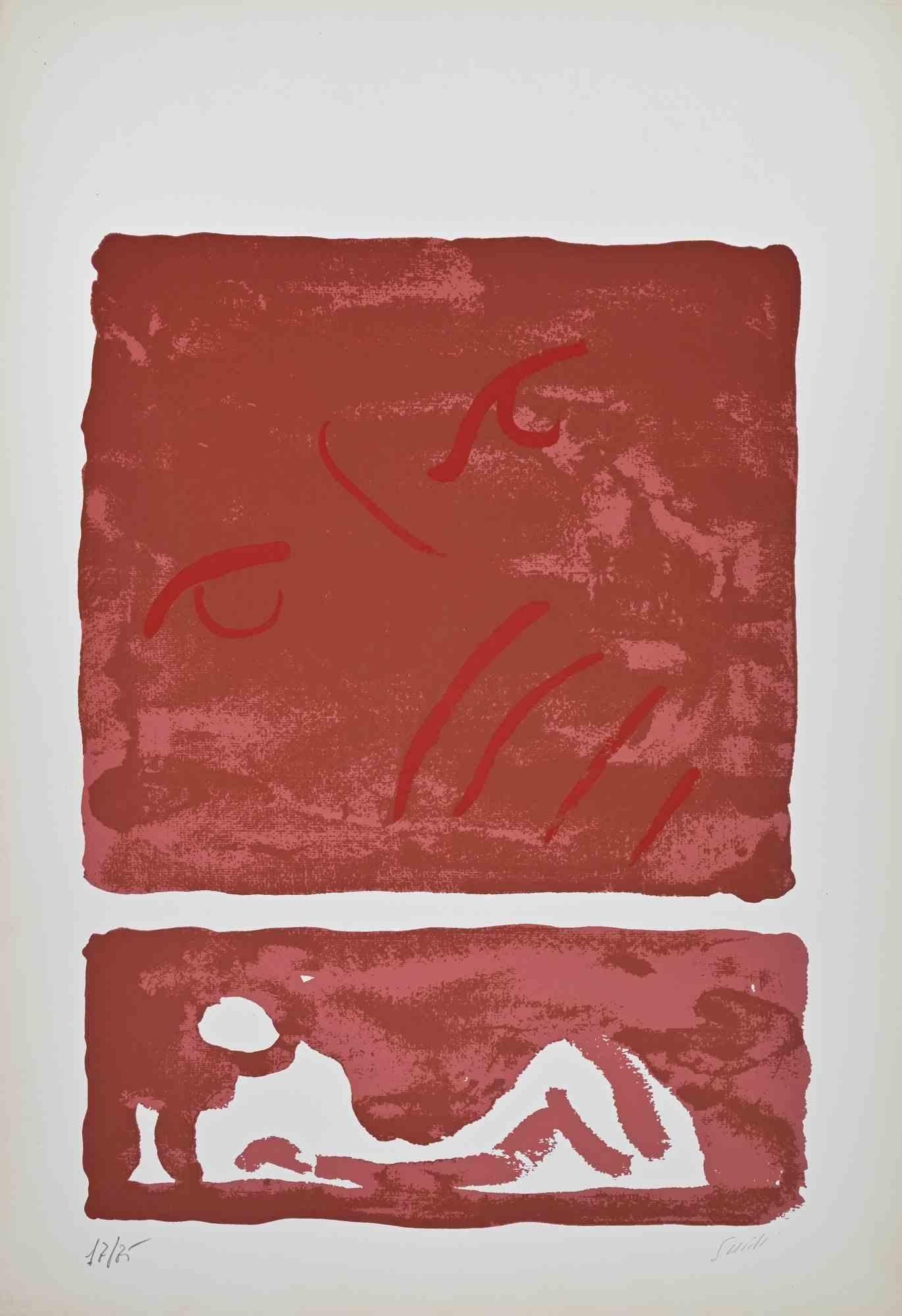 Composition rouge - Portrait de comtesse - Lithographie de Virgilio Guidi - 1970
