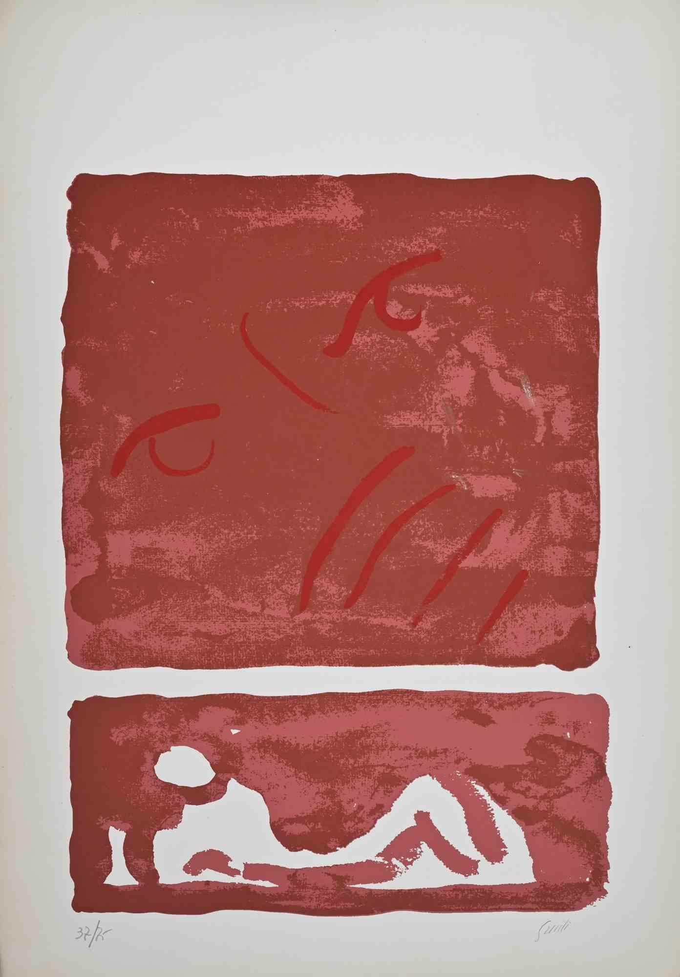 Red Composition - Countess Portrait - Lithograph by Virgilio Guidi - 1970