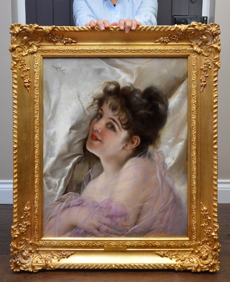 Virgilio Tojetti Figurative Painting - La Coquette - 19h Century French Belle Epoque Portrait of Beautiful Parisienne  