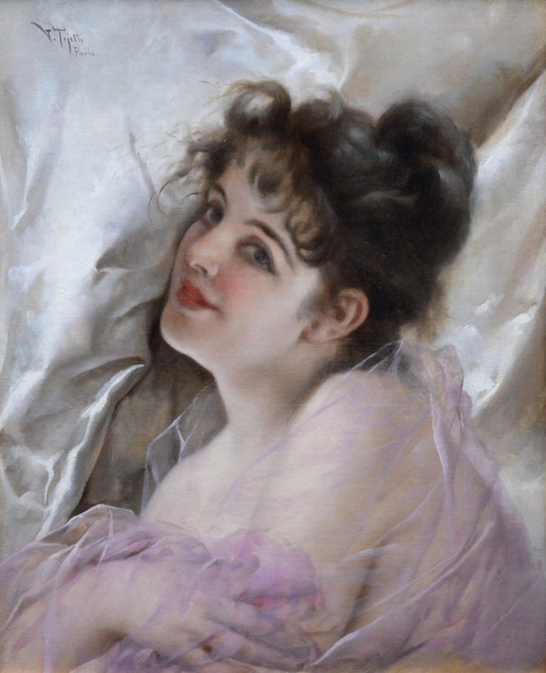 La Coquette - 19h Century French Belle Epoque Portrait of Beautiful Parisienne   - Academic Painting by Virgilio Tojetti