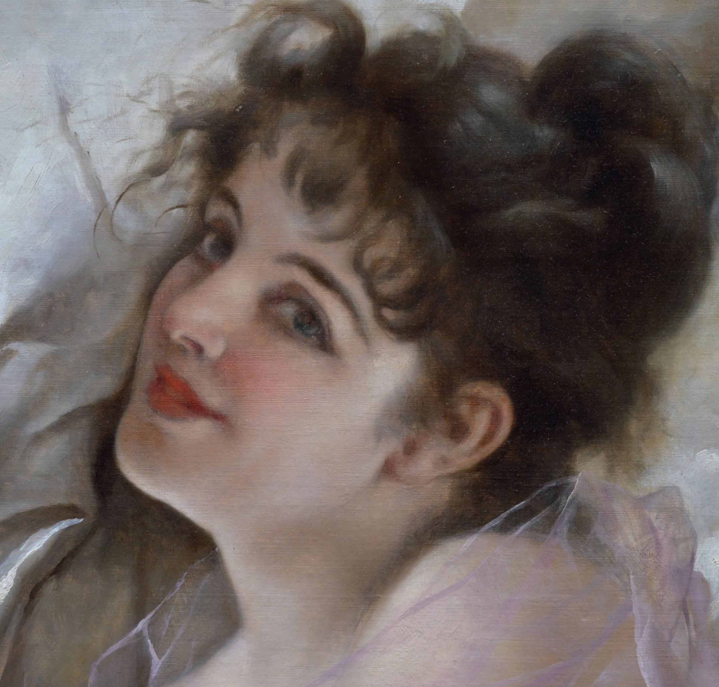 La Coquette - 19h Century French Belle Epoque Portrait of Beautiful Parisienne   - Brown Figurative Painting by Virgilio Tojetti