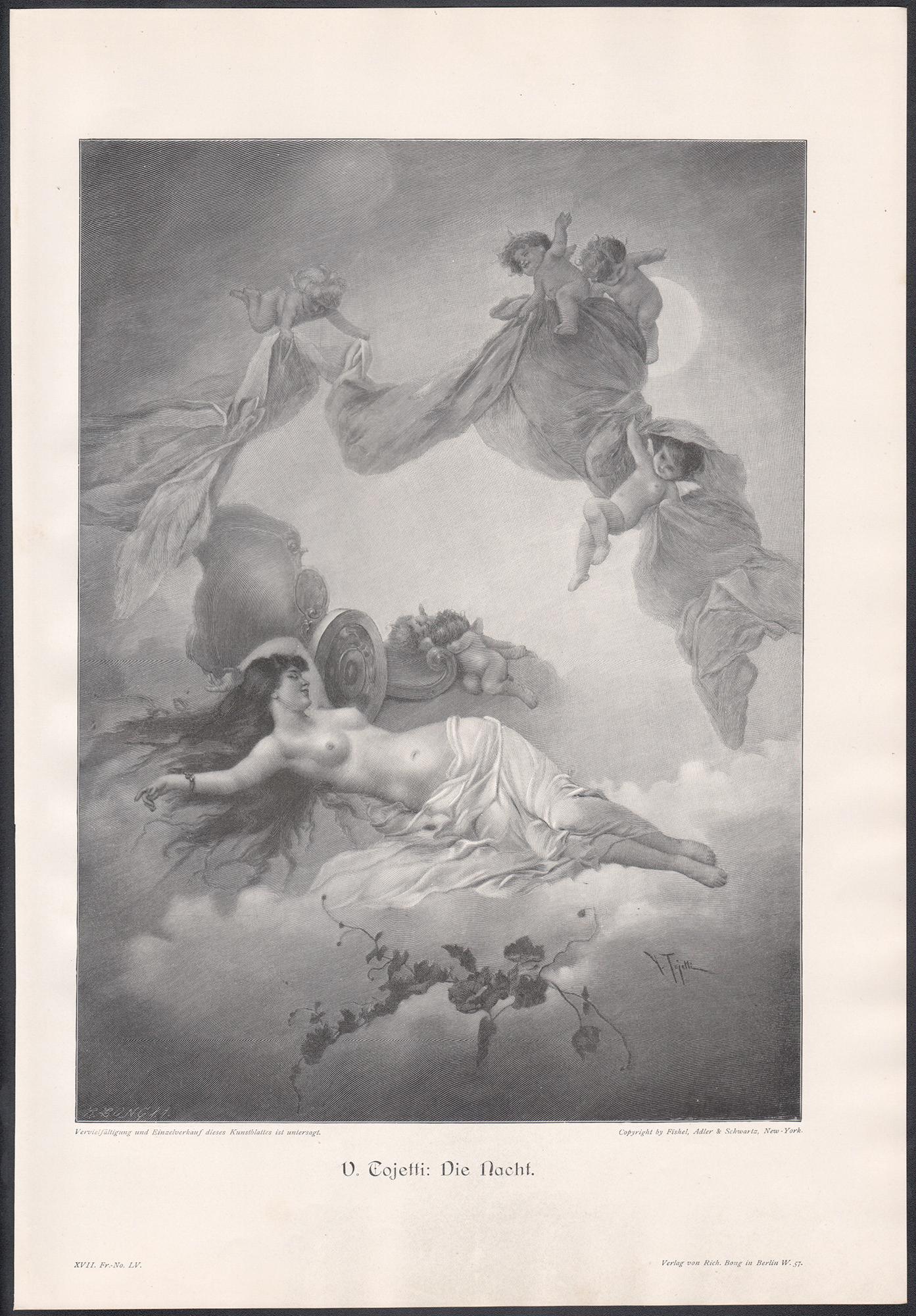 Die Nacht (The Night), nude and cupids, German antique engraving - Print by Virgilio Tojetti