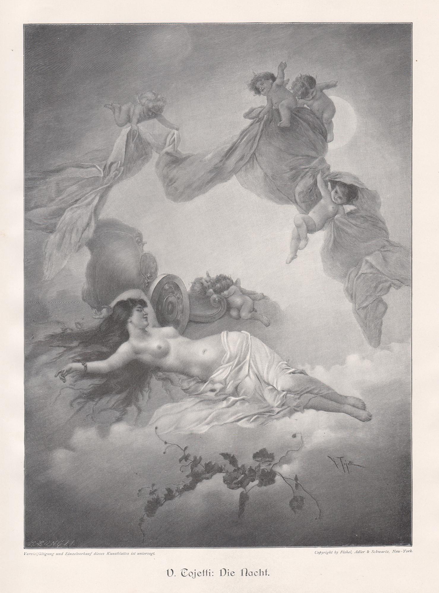 Virgilio Tojetti Figurative Print – Die Nacht (Die Nacht), Akt und Amors, deutsche antike Gravur