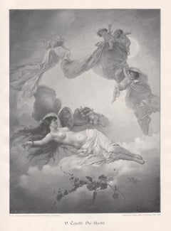 Die Nacht (The Night), nude and cupids, German antique engraving