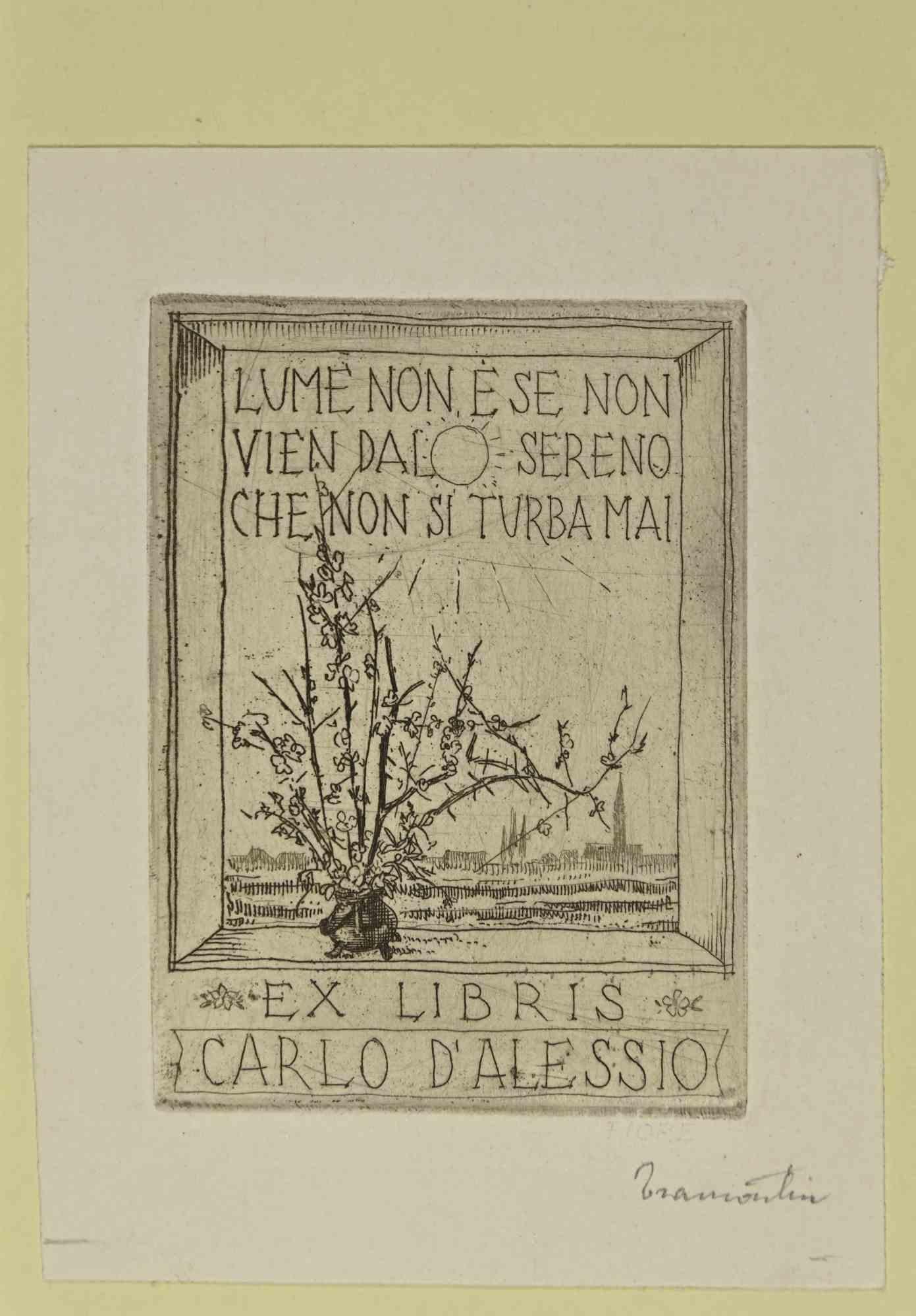 Ex Libris - Carlo D'Alessio is an Artwork realized in 1980 s. by the Italian Artist Virgilio Tramontin (1908-2002).

Etching print on ivory paper. Hand Signed on the right corner.

The work is glued on ivory cardboard.

Total dimensions: 16x11