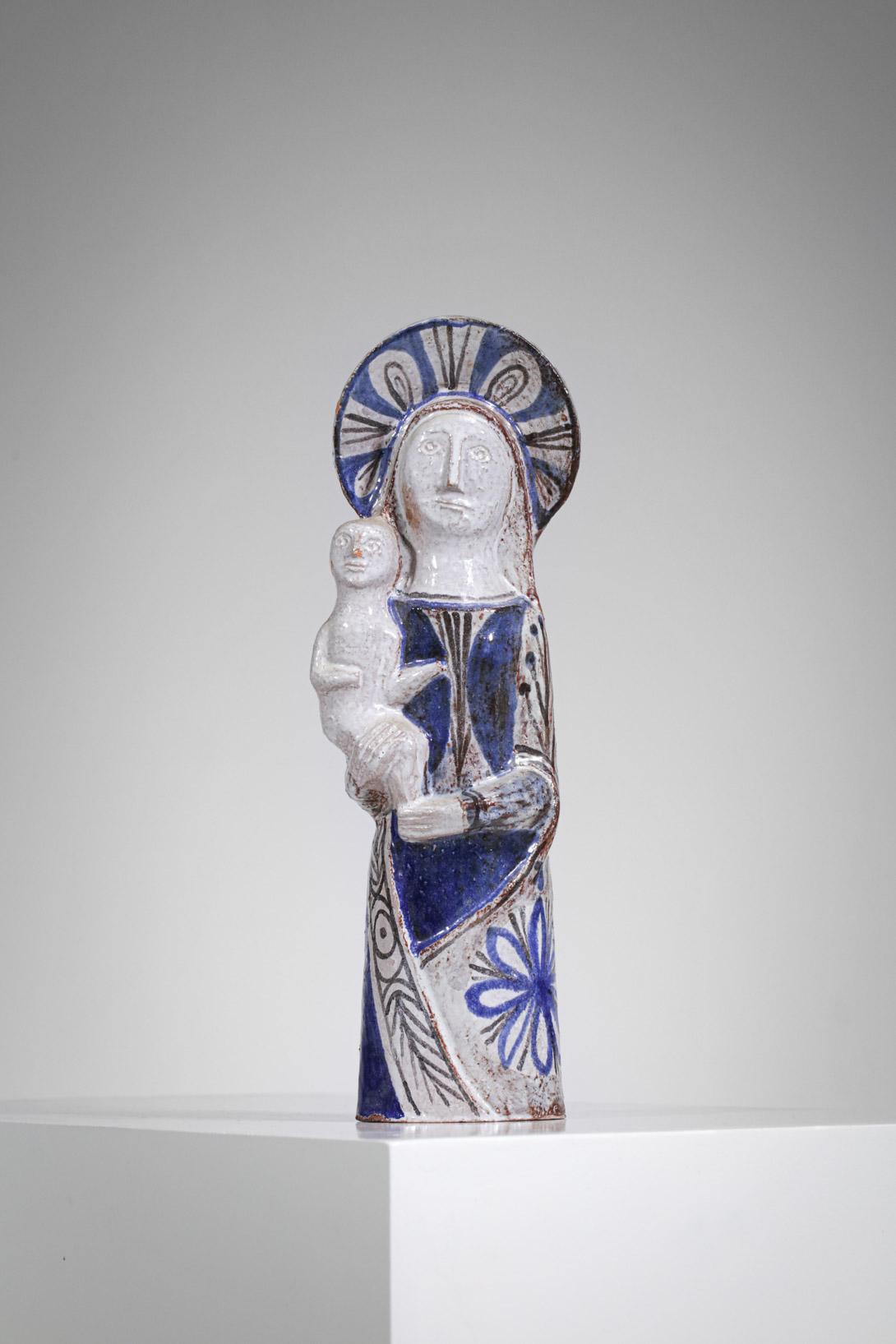 Glazed Virgin and Child, ceramic by the French artist Jean Derval 1960's - F422 For Sale