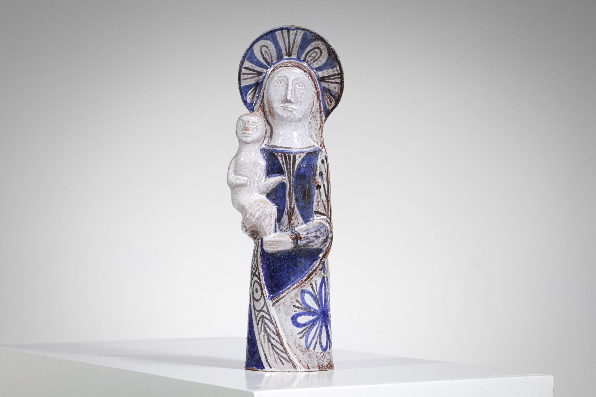 Mid-20th Century Virgin and Child, ceramic by the French artist Jean Derval 1960's - F422 For Sale