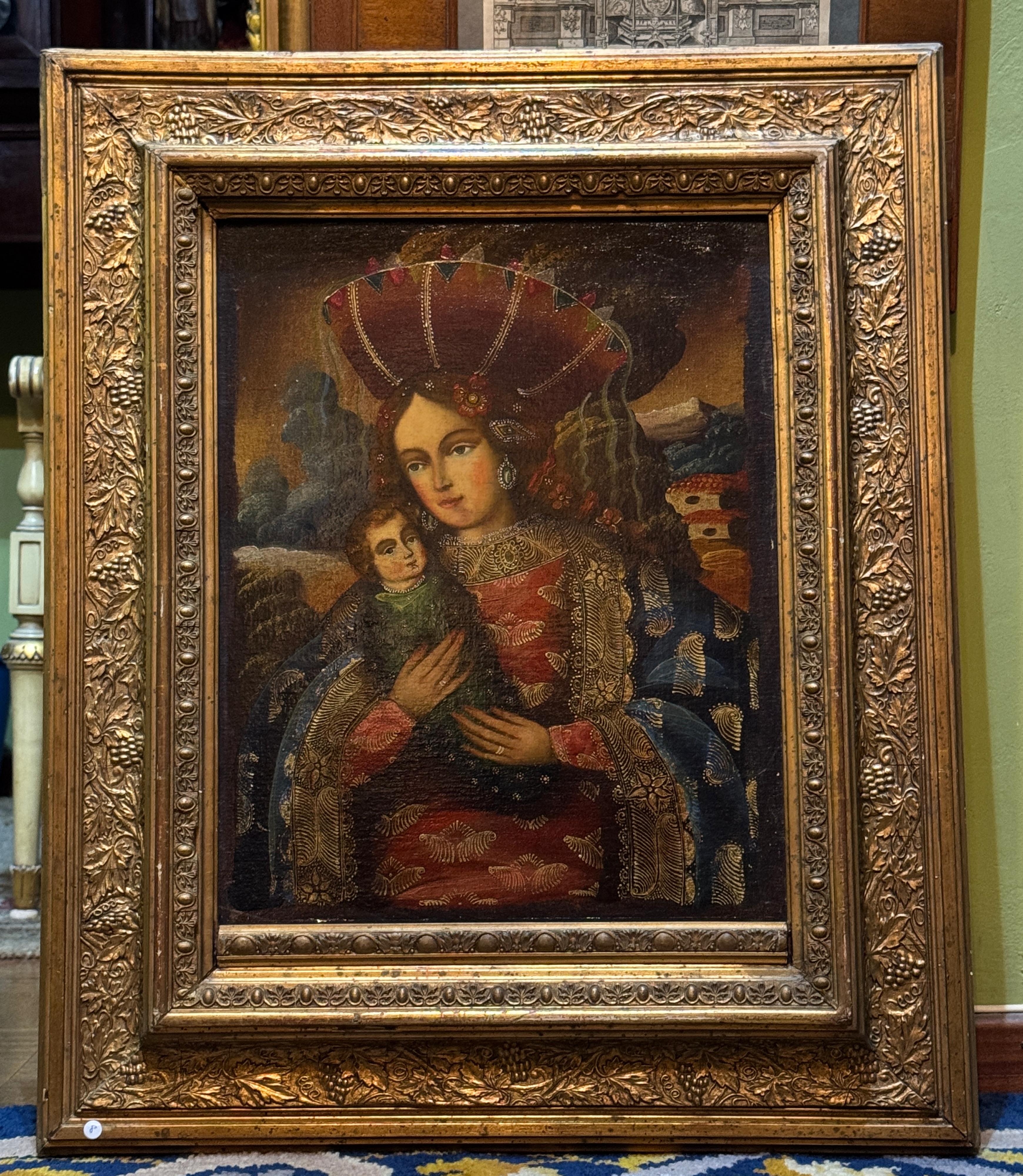 Jungfrau mit Kind, Cuzco-Schule, Öl auf Leinwand, 18. Jahrhundert

Prächtiges Öl auf Leinwand aus der Schule von Cuzco (Vizekönigreich Peru), datiert auf das 18. Es zeigt die Jungfrau, die das Jesuskind in den Armen hält, in einem für den