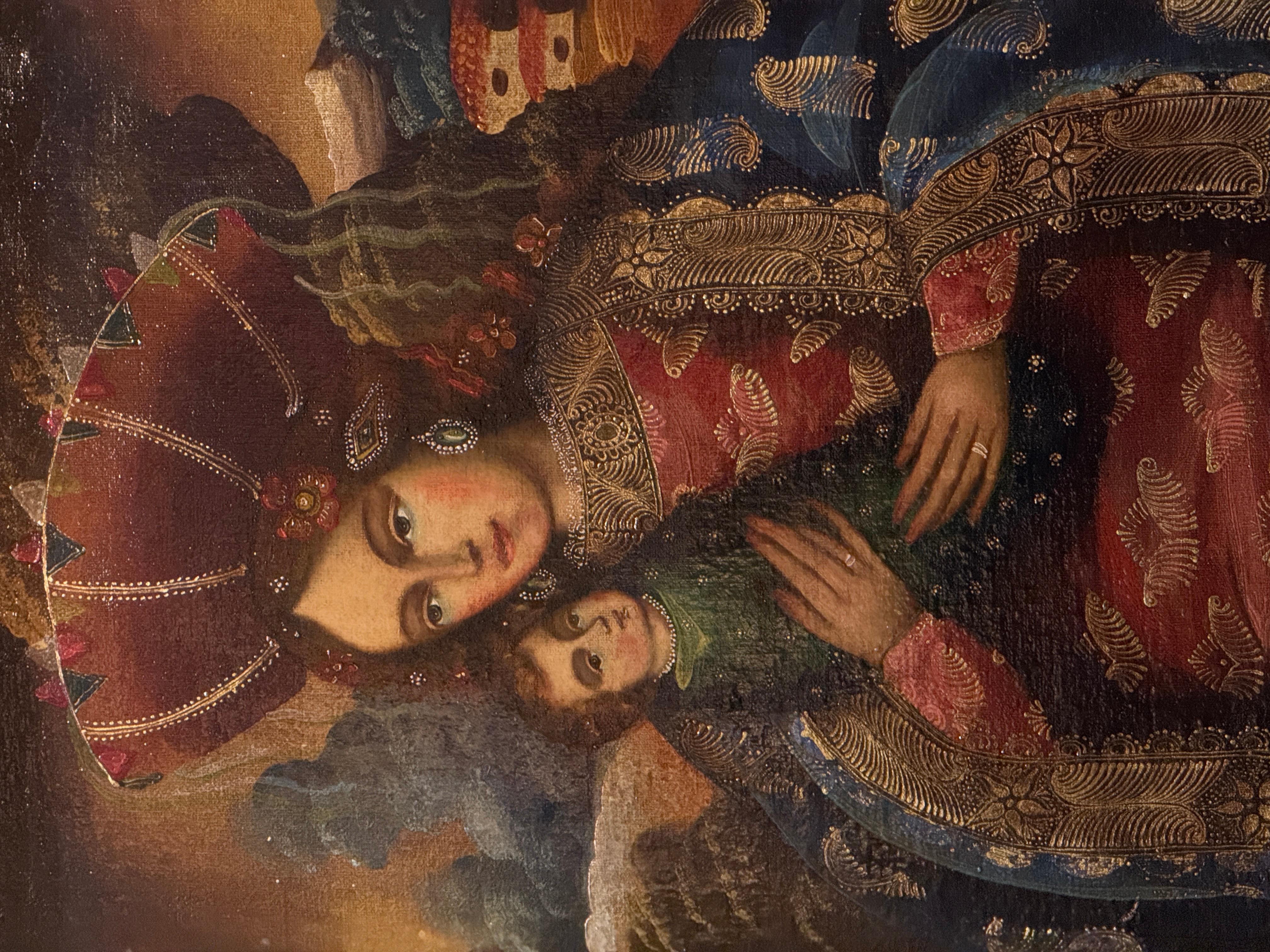 Jungfrau mit Kind, Cuzco-Schule, Öl auf Leinwand, 18. Jahrhundert (Barock) im Angebot