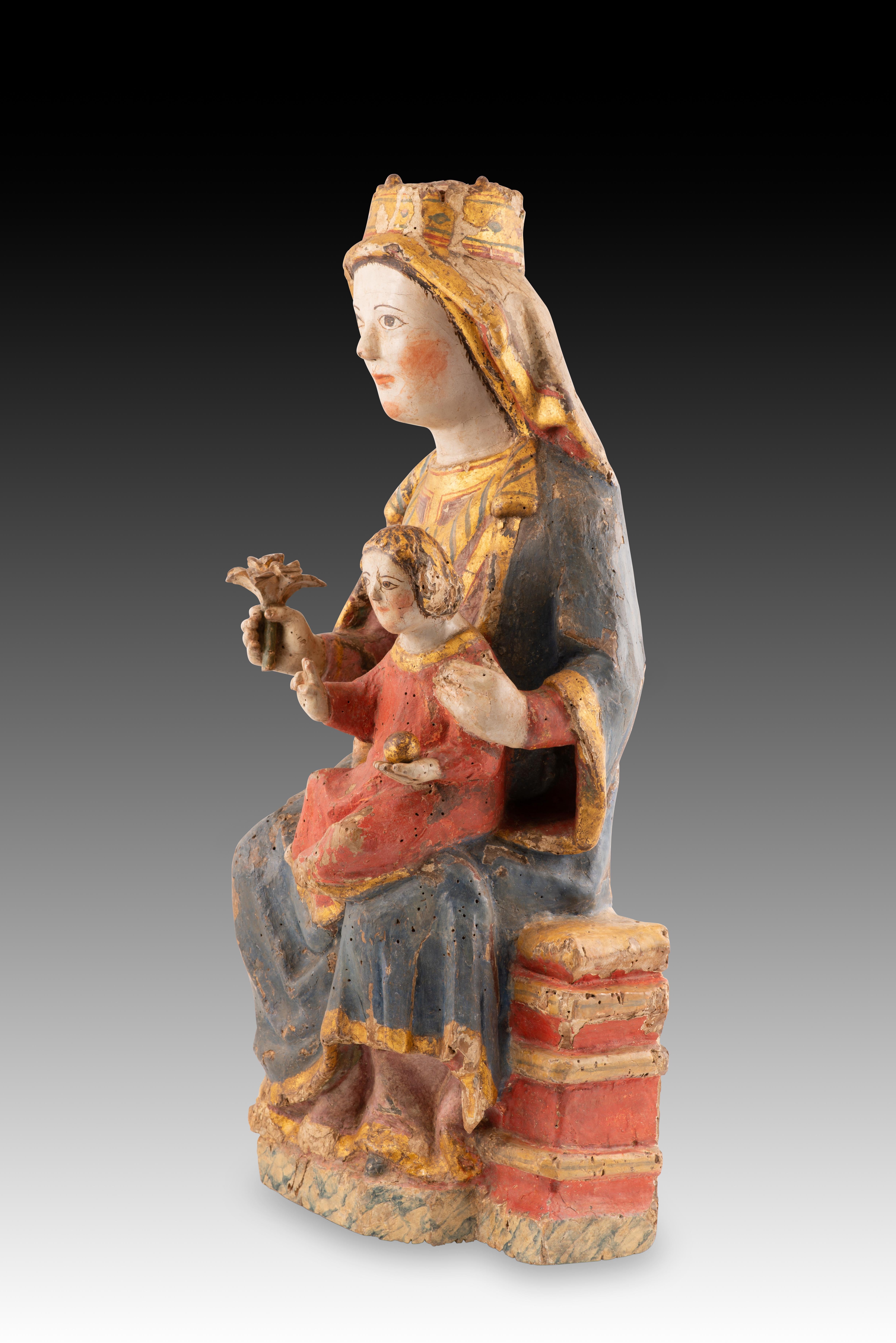 Gothic Virgin and Child Jesus. Carved and polychrome wood. Spanish School, 14th century For Sale
