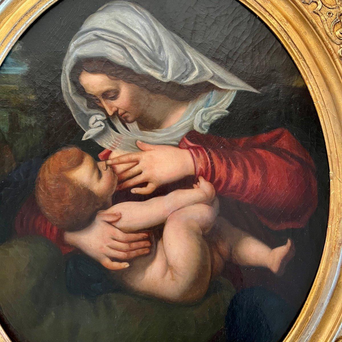 Virgin and Child, Ölgemälde in geschnitztem, vergoldetem Rahmen, 19. Jahrhundert (Italienisch) im Angebot