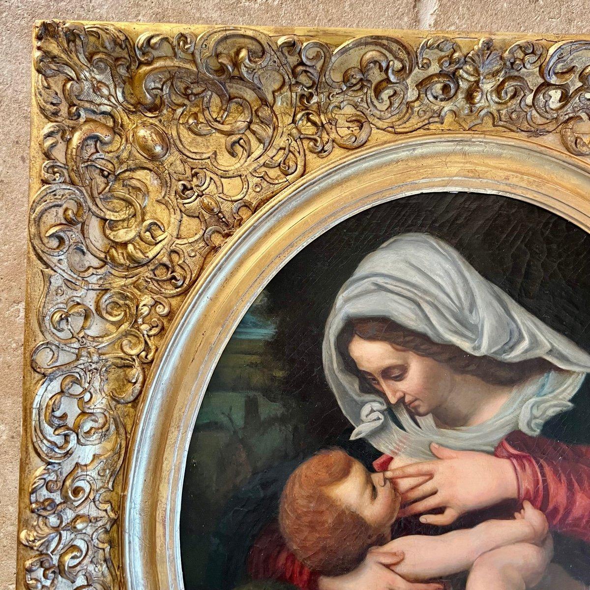 Oiled Virgin and Child, Oil Painting in Carved Gilded Frame, 19th Century For Sale