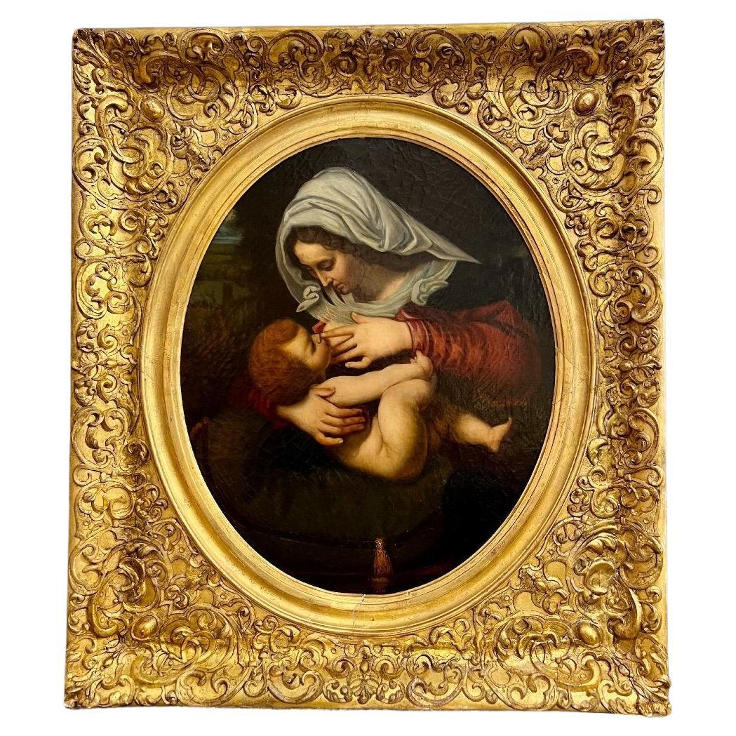 Virgin and Child, Oil Painting in Carved Gilded Frame, 19th Century For Sale