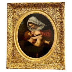 Antique Virgin and Child, Oil Painting in Carved Gilded Frame, 19th Century