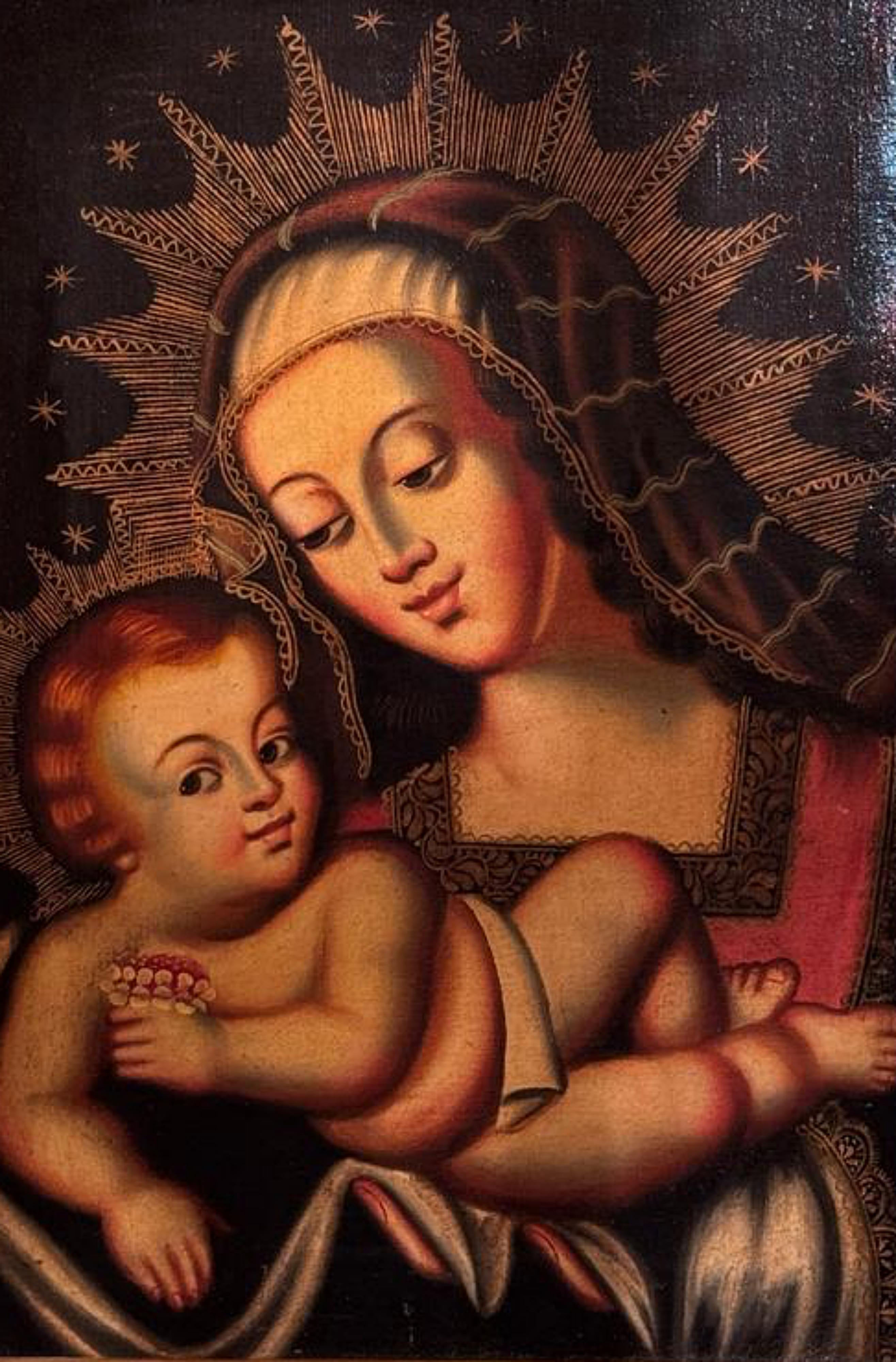 Jungfrau und Child, Spanisch-Amerikanische Vikariatsschule, Öl auf Leinwand, 19. (Geölt) im Angebot